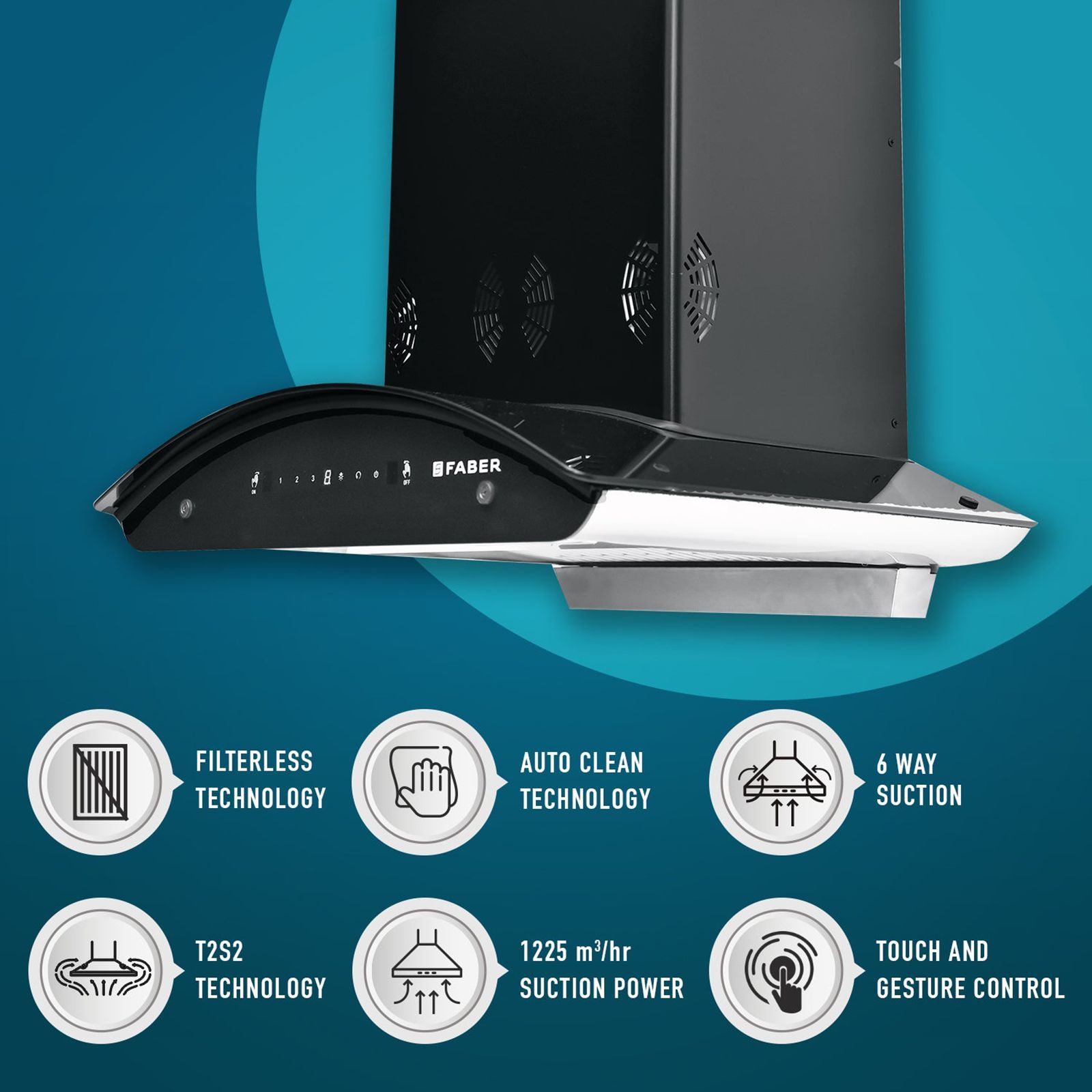 FABER Crest 3D Plus 60cm 1250m3/hr Ductless Auto Clean Wall Mounted Chimney with T2S2 Technology (Black)_9