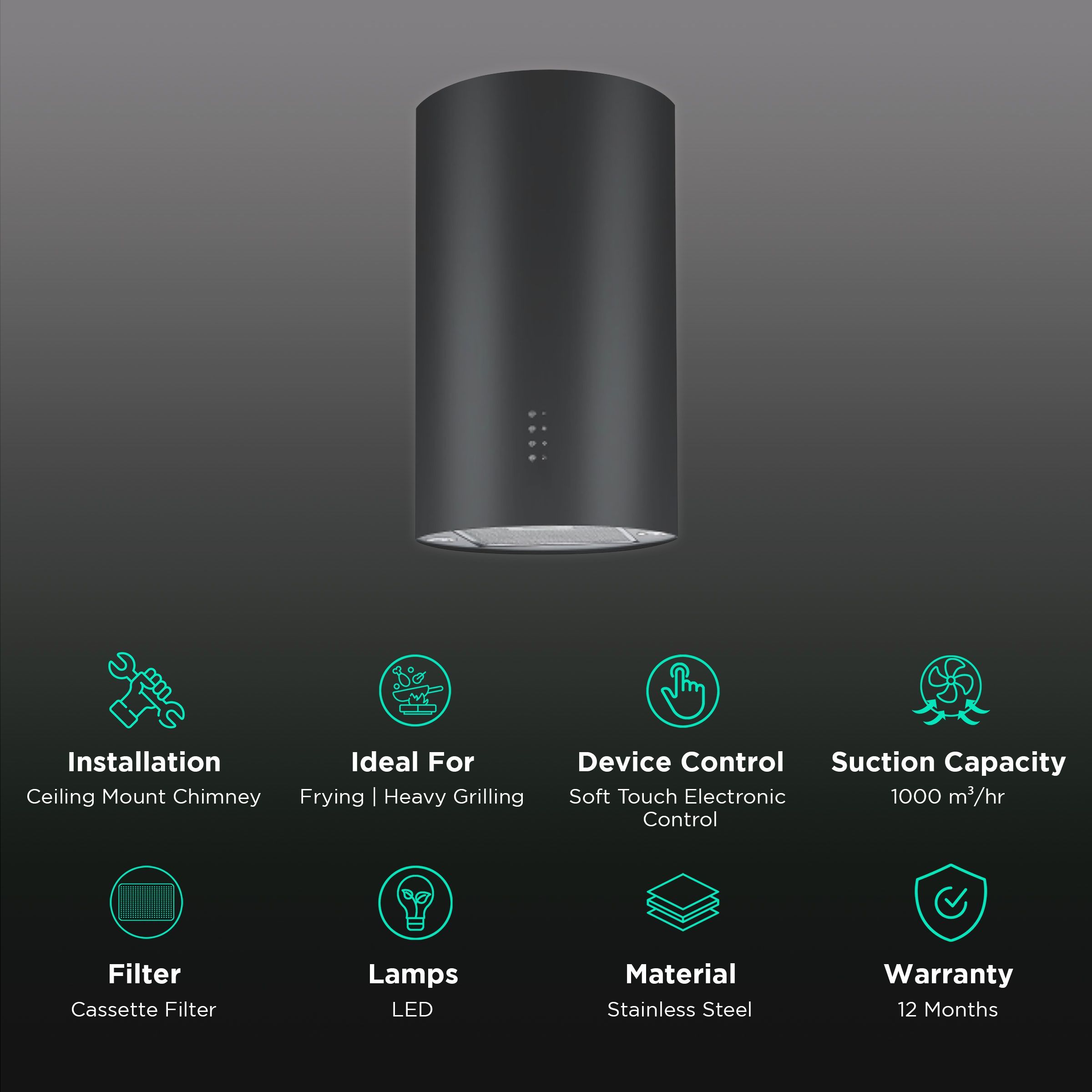 elica CIRCLE ISLAND 350 NERO 35cm 1000m3/hr Ducted Ceiling Mounted Chimney with Soft Touch Electronic Control (Black)_3