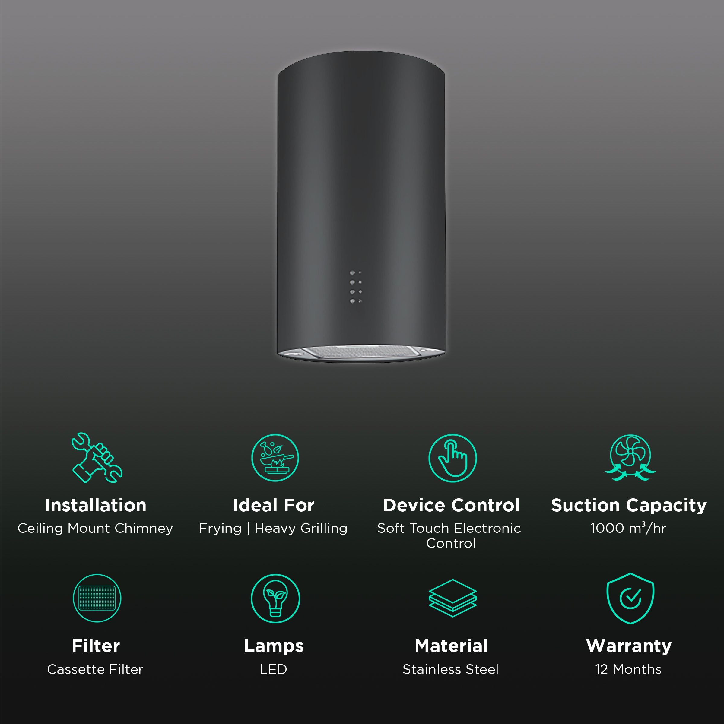 elica CIRCLE ISLAND 350 NERO 35cm 1000m3/hr Ducted Ceiling Mounted Chimney with Soft Touch Electronic Control (Stainless Steel)_3