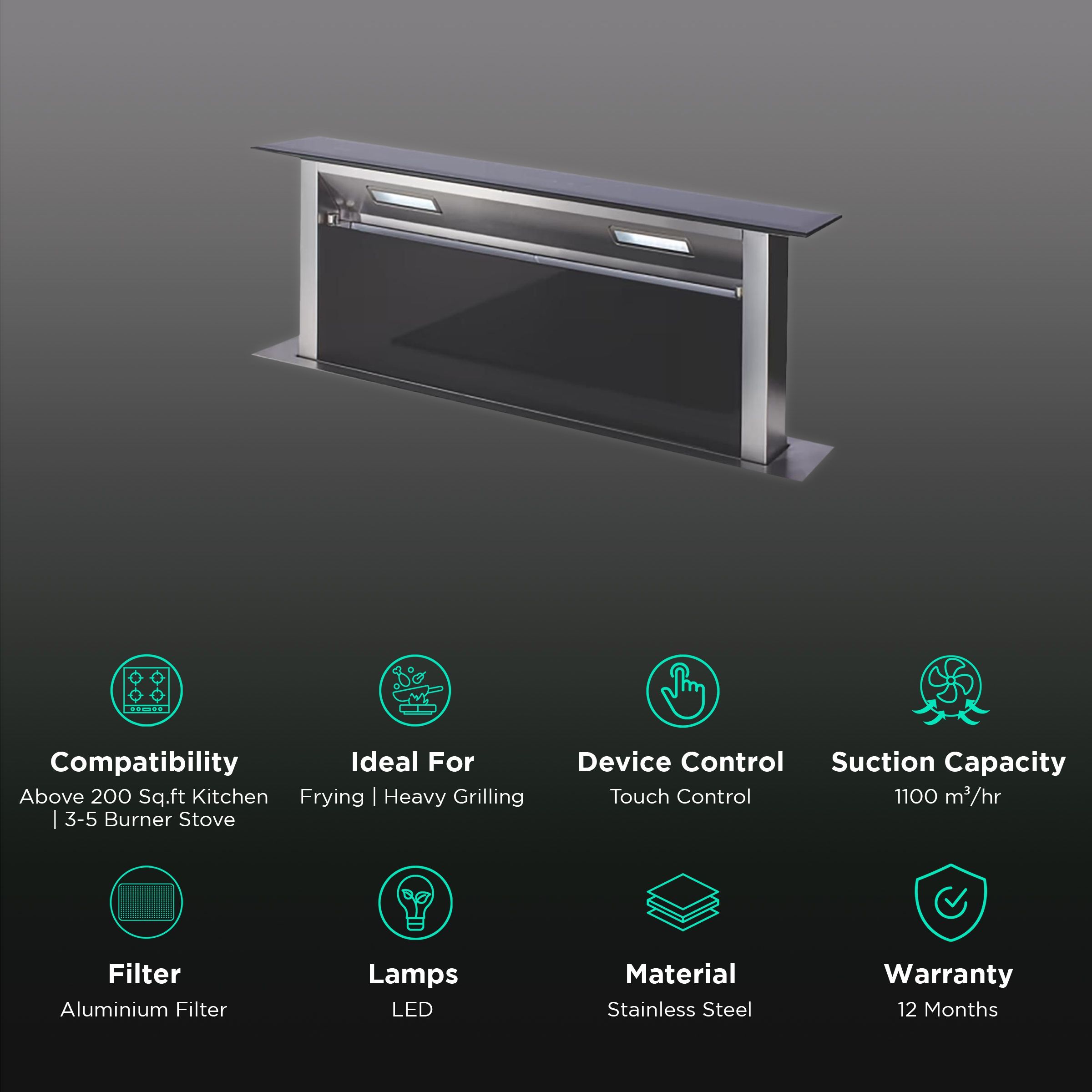 elica DRAFT 90 SS 90cm 1100m3/hr Ducted Wall Mounted Chimney with Touch Control Panel (Stainless Steel)_3