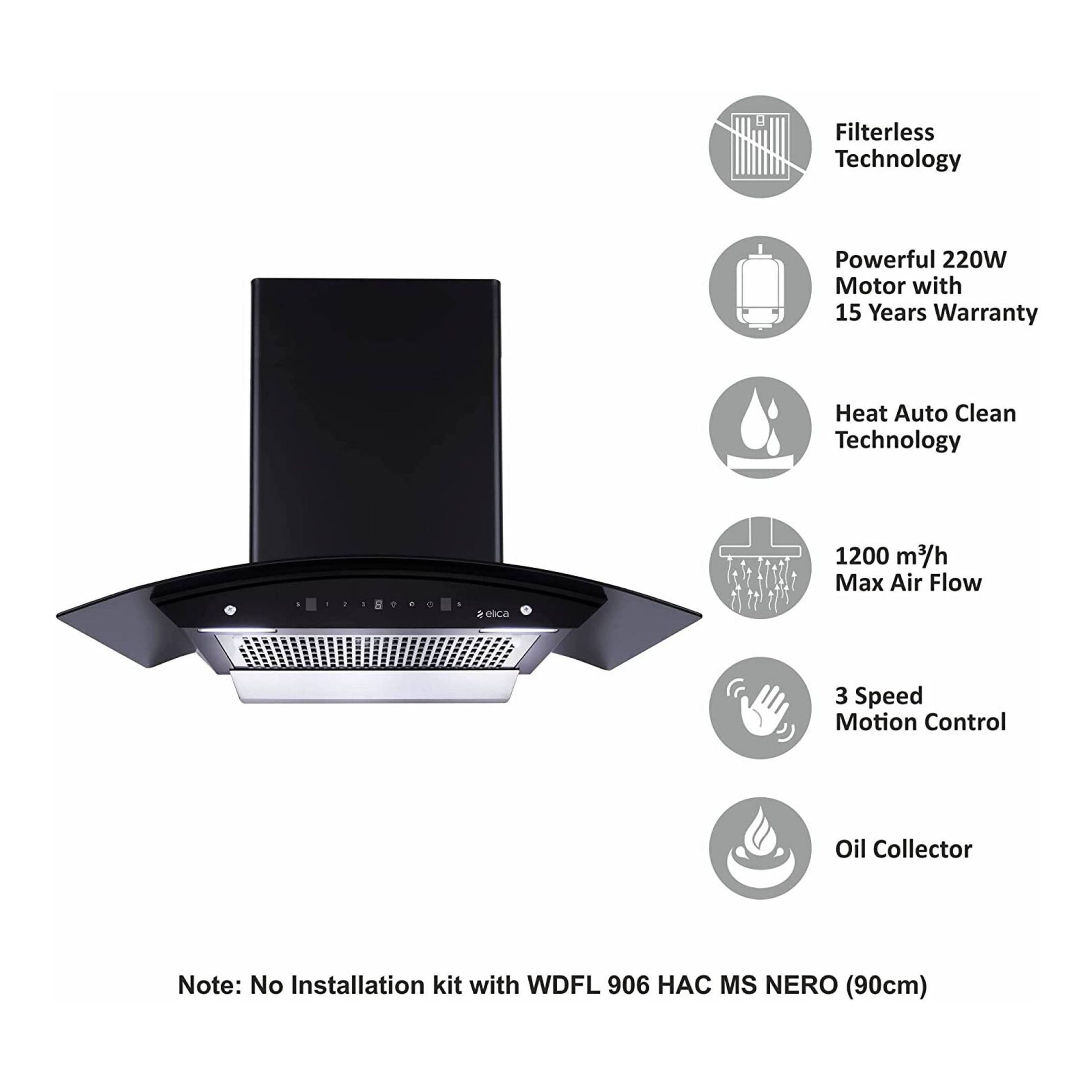 elica WDFL 906 HAC LTW MS NERO 90cm 1200m3/hr Ducted Auto Clean Wall Mounted Chimney with Touch Control Panel (Black)_9