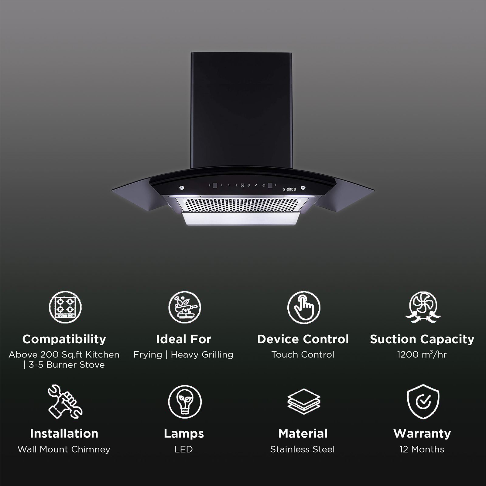 elica WDFL 906 HAC LTW MS NERO 90cm 1200m3/hr Ducted Auto Clean Wall Mounted Chimney with Touch Control Panel (Black)_3