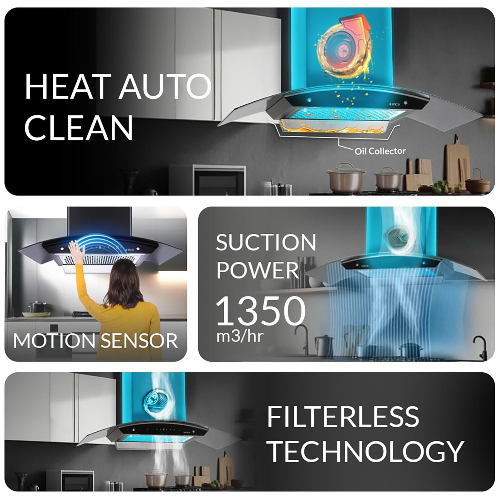 elica WDFL 906 HAC LTW MS NERO 90cm 1200m3/hr Ducted Auto Clean Wall Mounted Chimney with Touch Control Panel (Black)_6