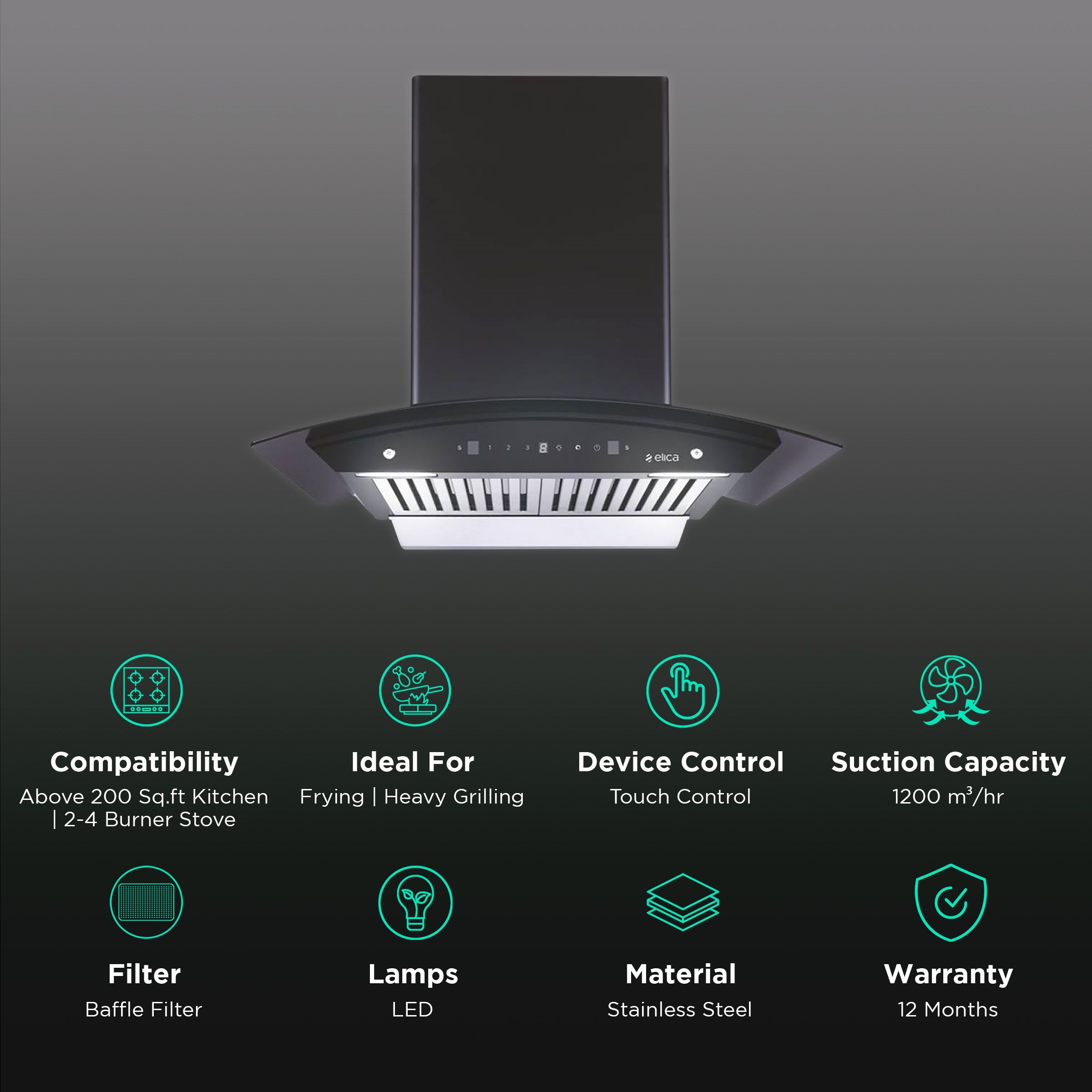 elica WDBF 606 HC MS NERO 60cm 1200m3/hr Ducted Auto Clean Wall Mounted Chimney with Touch Control Panel (Black)_3
