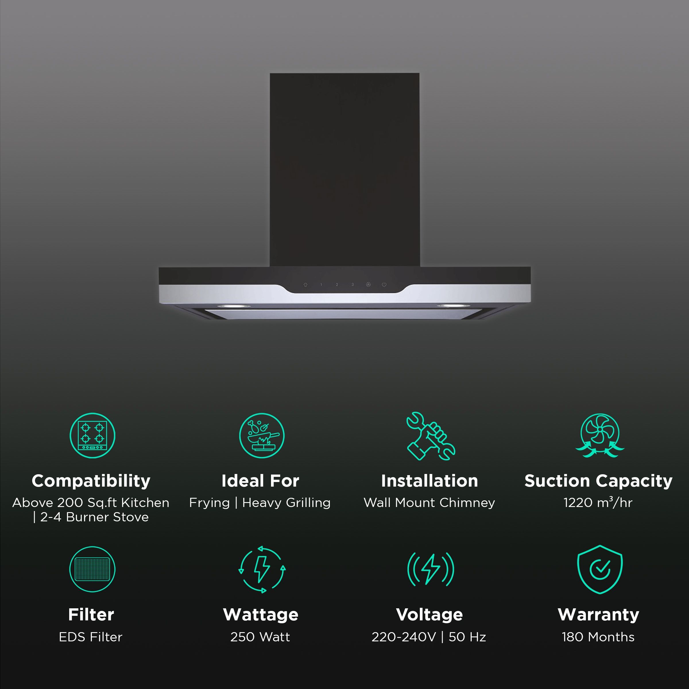 elica METEORITE EDS PLUS LTW NERO 60 60cm 1220m3/hr Ductless Wall Mounted Chimney with Parametric Panel (Black)_3