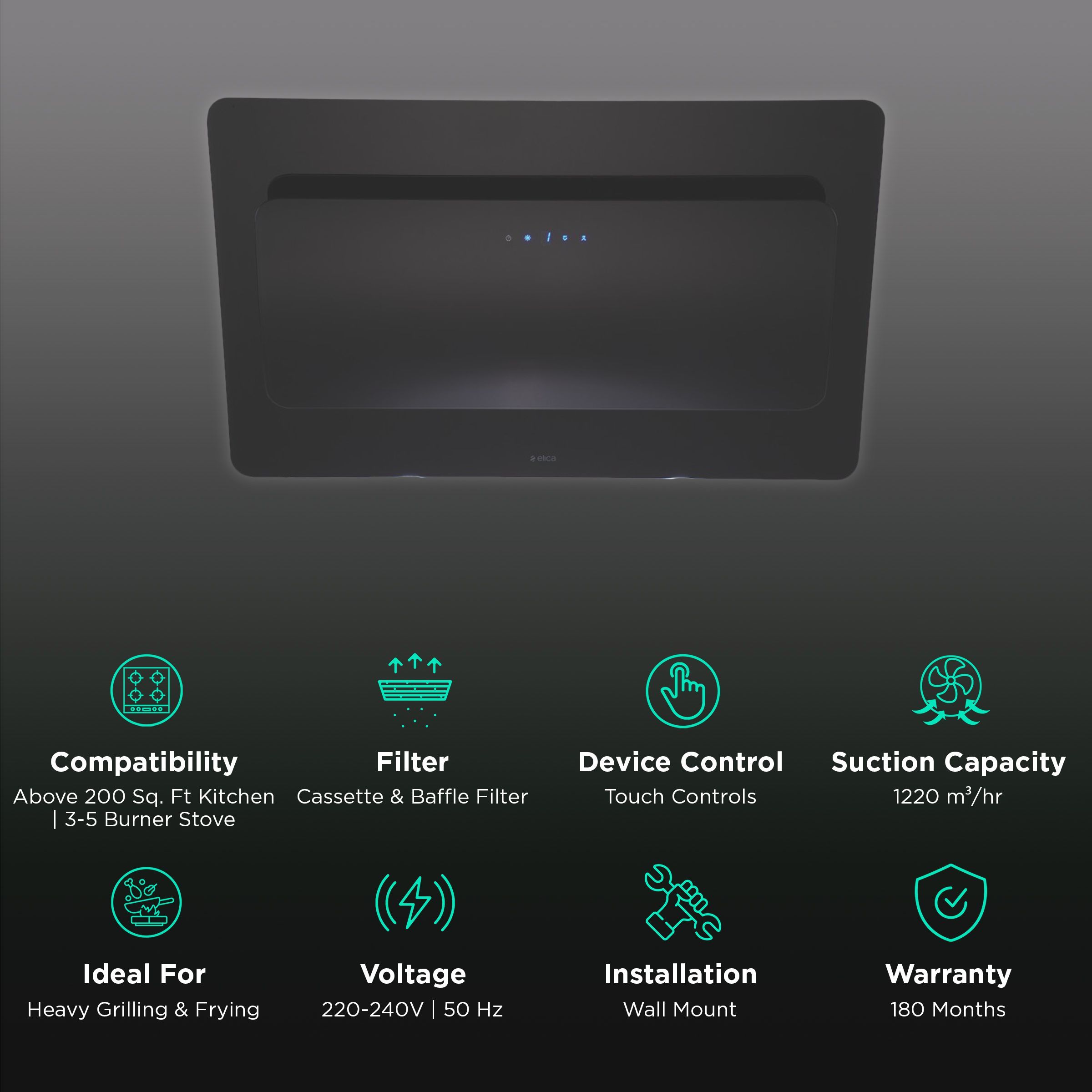elica GRACEFUL PLUS ETB HE LTW 90 T4V LED 90cm 1220m3/hr Ductless Wall Mounted Chimney with Touch Control Panel (Black)_3