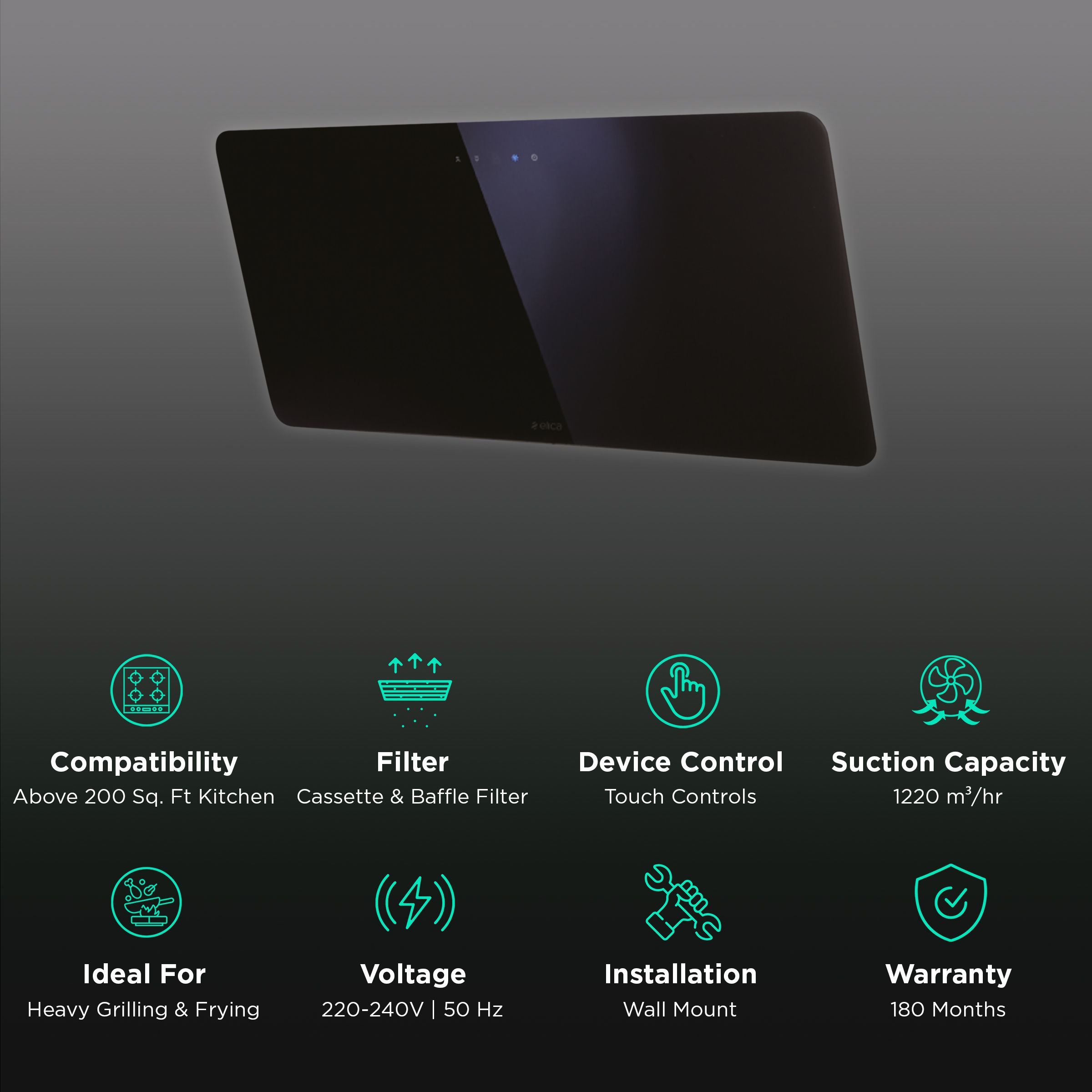 elica KITTY ETB HE LTW 80 BK T4V LED 80cm 1220m3/hr Ducted Wall Mounted Chimney with Touch Control Panel (Black)_3