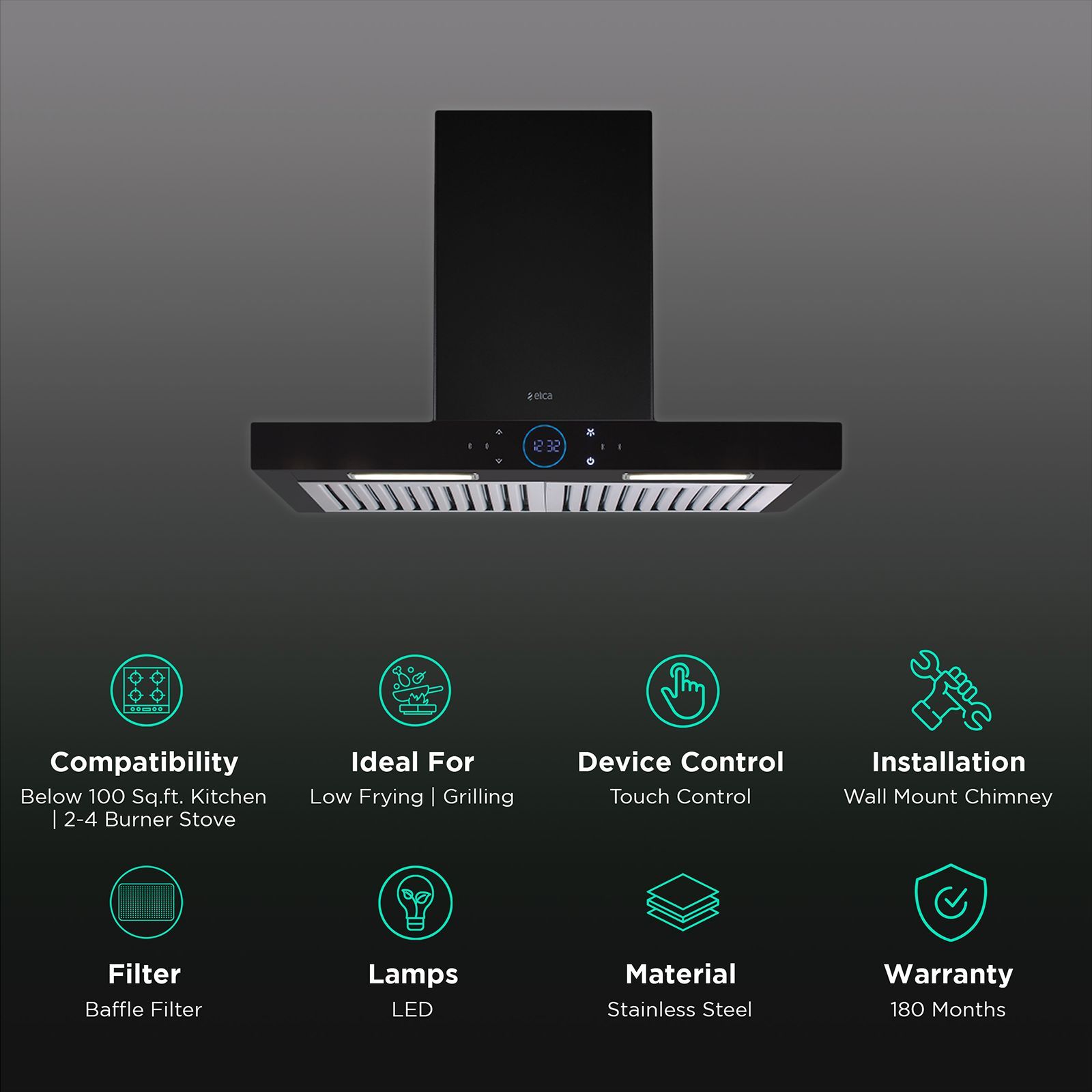 elica ISMART SPOT H6 BF LTW 60 NERO 60cm Ductless Wall Mounted Chimney with Touch Control Panel (Black)_3