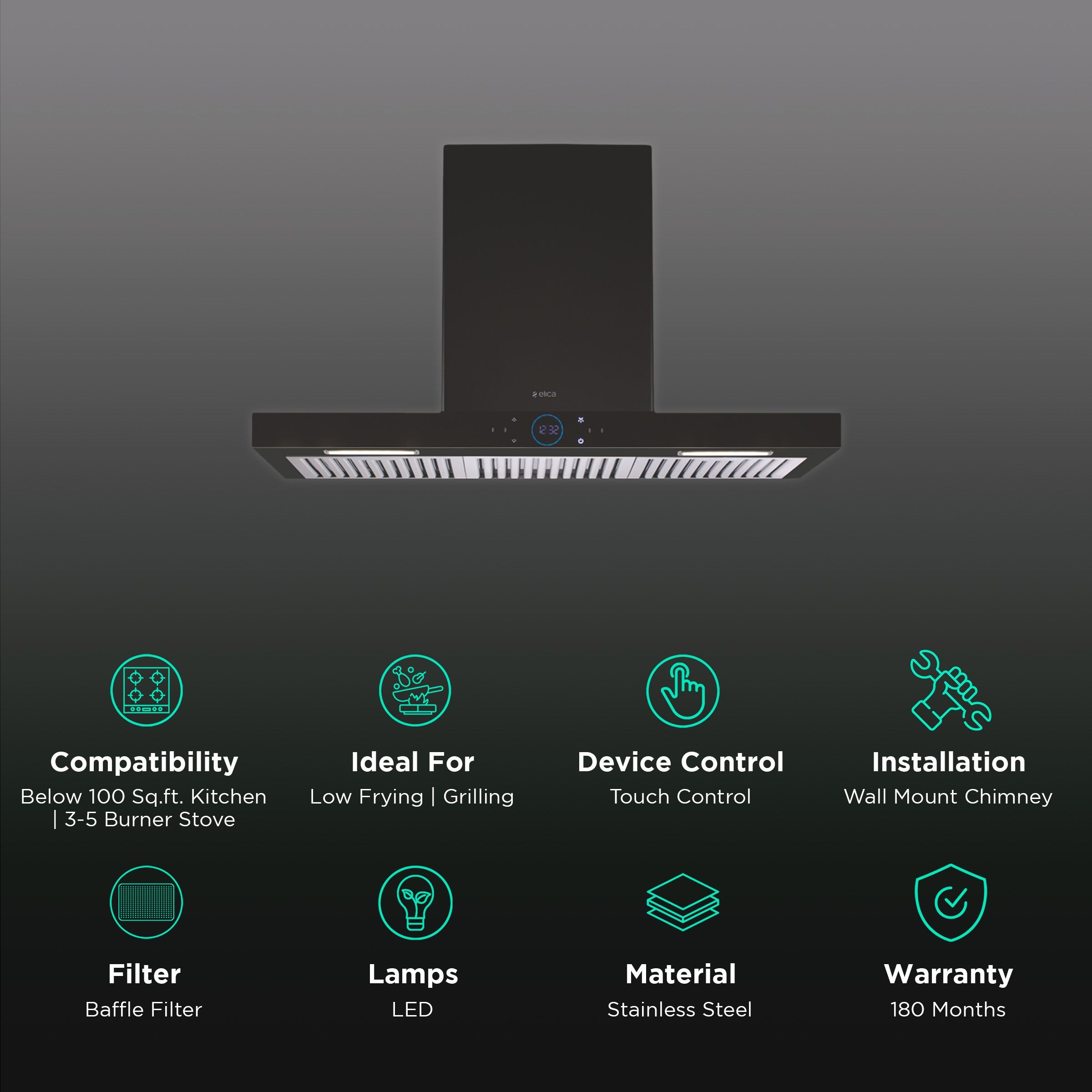 elica ISMART SPOT H6 BF LTW 90 NERO 90cm Ductless Wall Mounted Chimney with Touch Control Panel (Black)_3