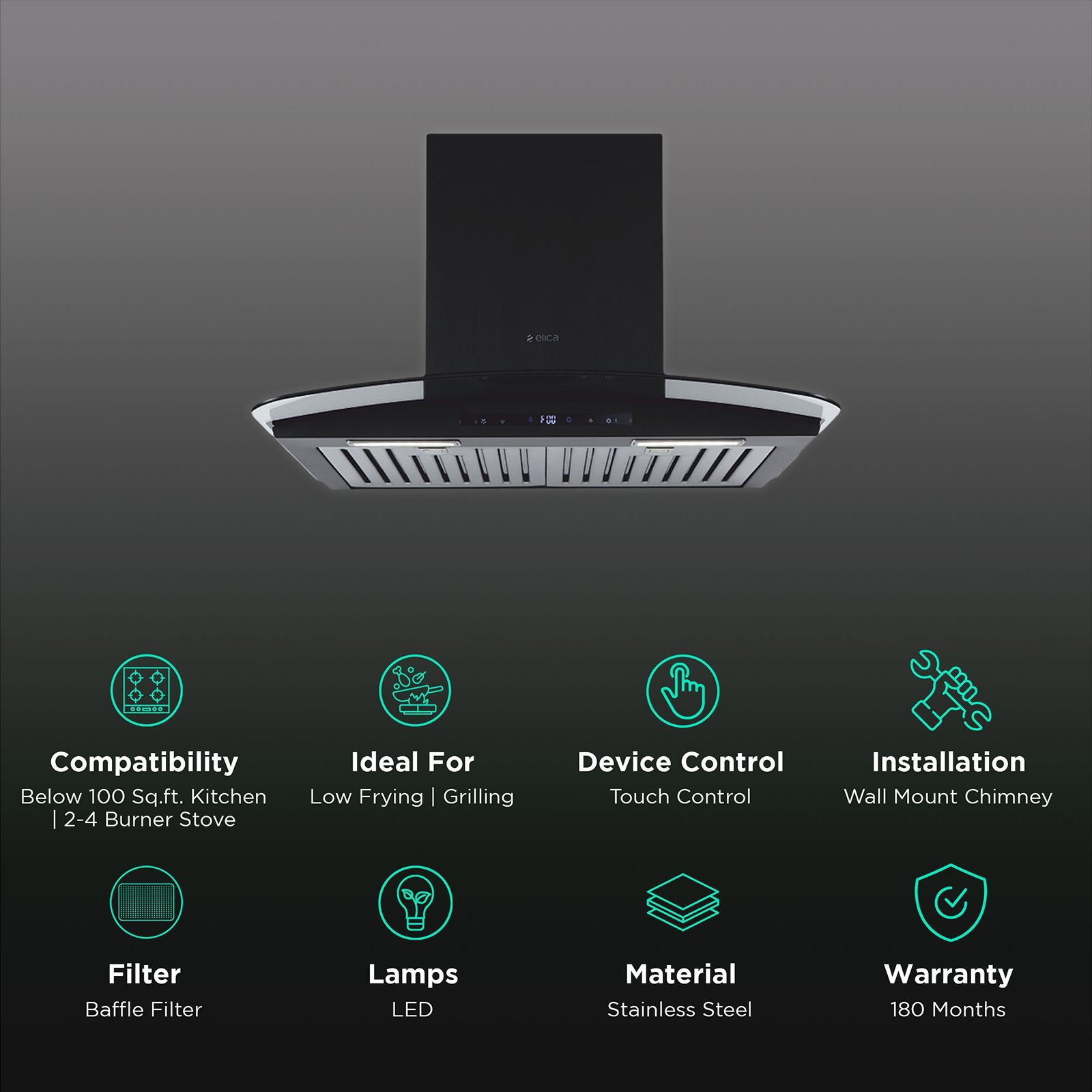 elica ISMART GLACE TRIM BF LTW 60 NERO 60cm Ducted Wall Mounted Chimney with Motion Sensor (Black)_3