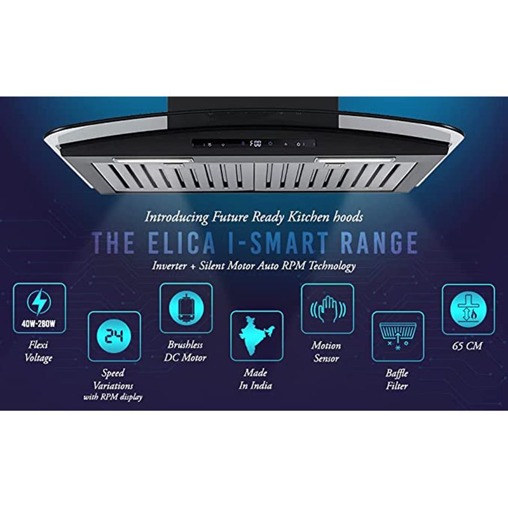 elica ISMART GLACE TRIM BF LTW 60 NERO 60cm Ducted Wall Mounted Chimney with Motion Sensor (Black)_6