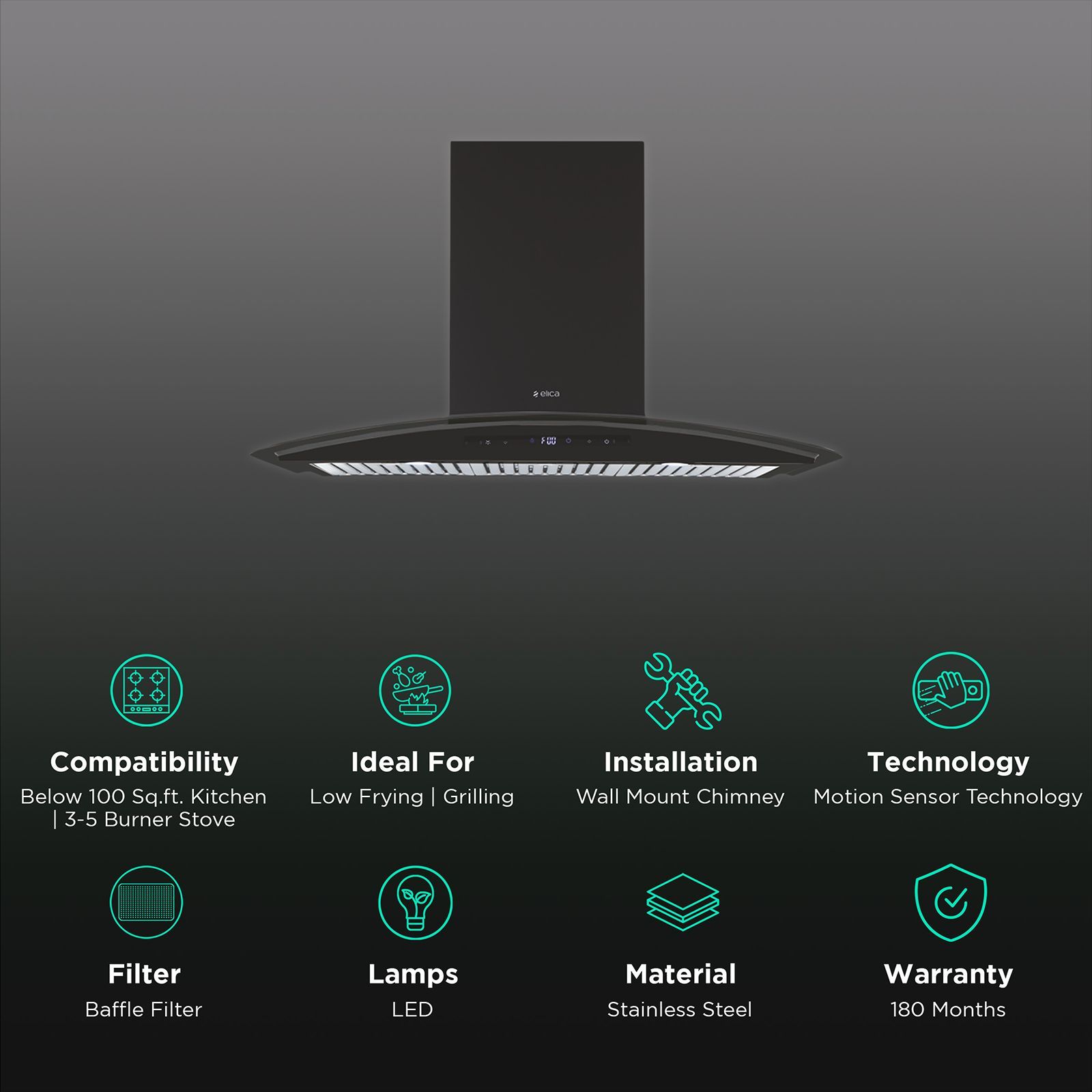 elica ISMART GLACE TRIM BF LTW 903 NERO 90cm Ductless Wall Mounted Chimney with Motion Sensor (Black)_3