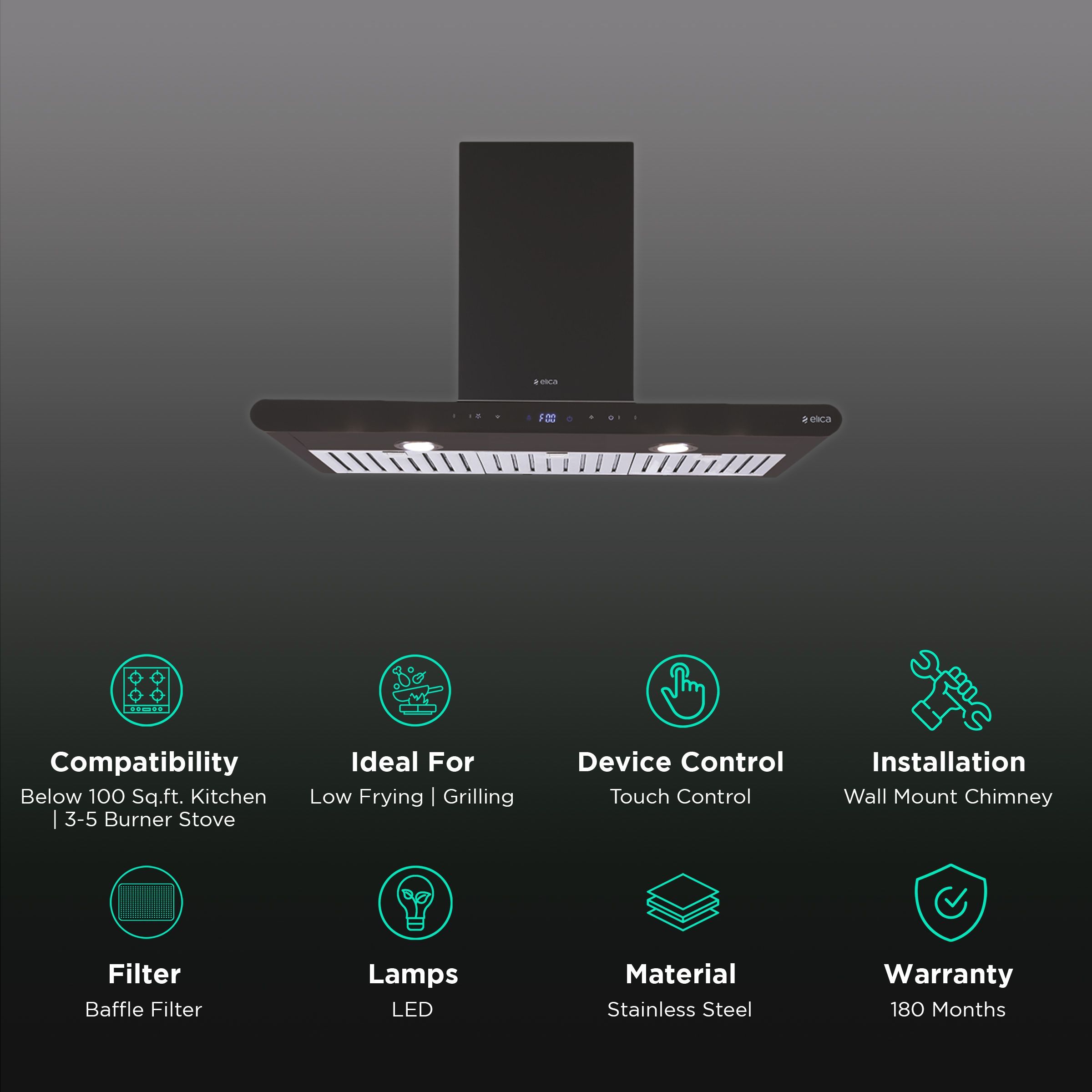 elica ISMART GALAXY BF LTW 90 NERO 90cm Ducted Wall Mounted Chimney with Touch Control Panel (Black)_3