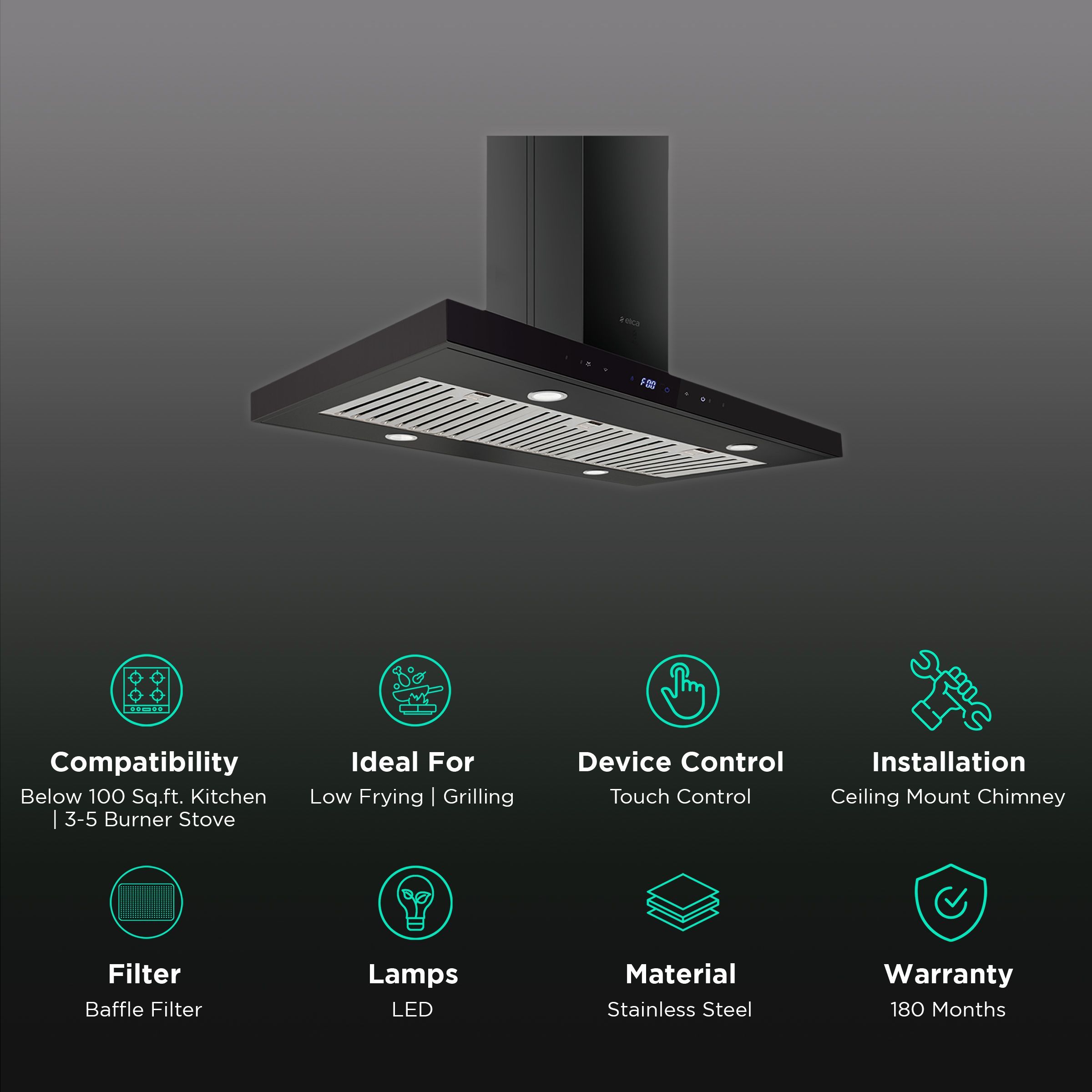 elica ISMART SPOT H6 BF ISLAND LTW 90 NERO 90cm Ducted Ceiling Mounted Chimney with Touch Control Panel (Black)_3