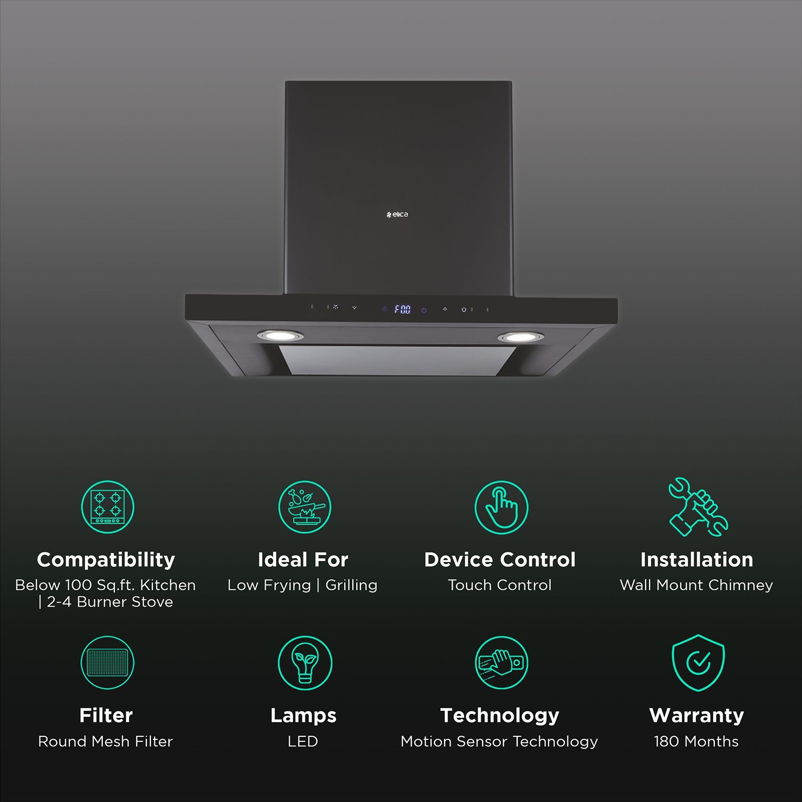 elica ISMART SPOT H4 EDS LTW 60 NERO 60cm Ducted Wall Mounted Chimney with Motion Sensor (Black)_3