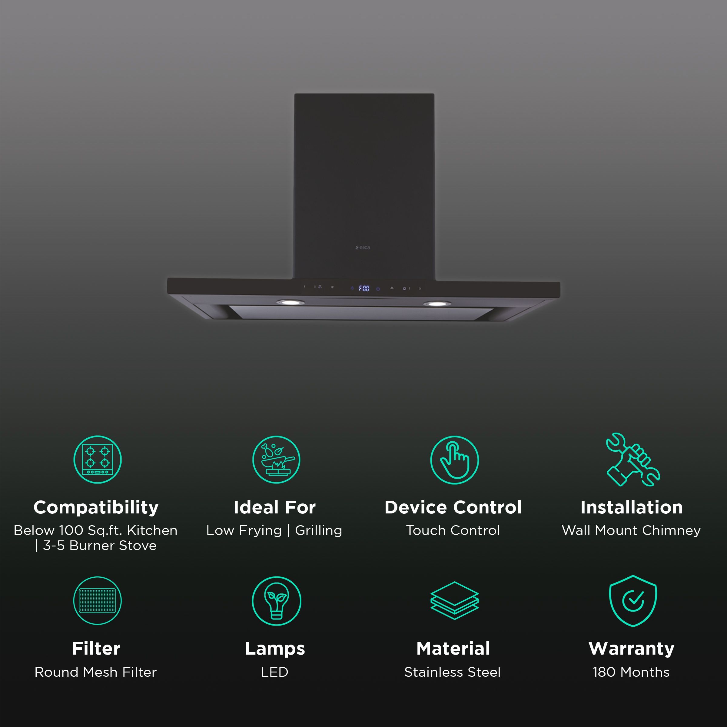 elica ISMART SPOT H4 EDS LTW 90 NERO 90cm Ducted Wall Mounted Chimney with Touch Control Panel (Black)_3