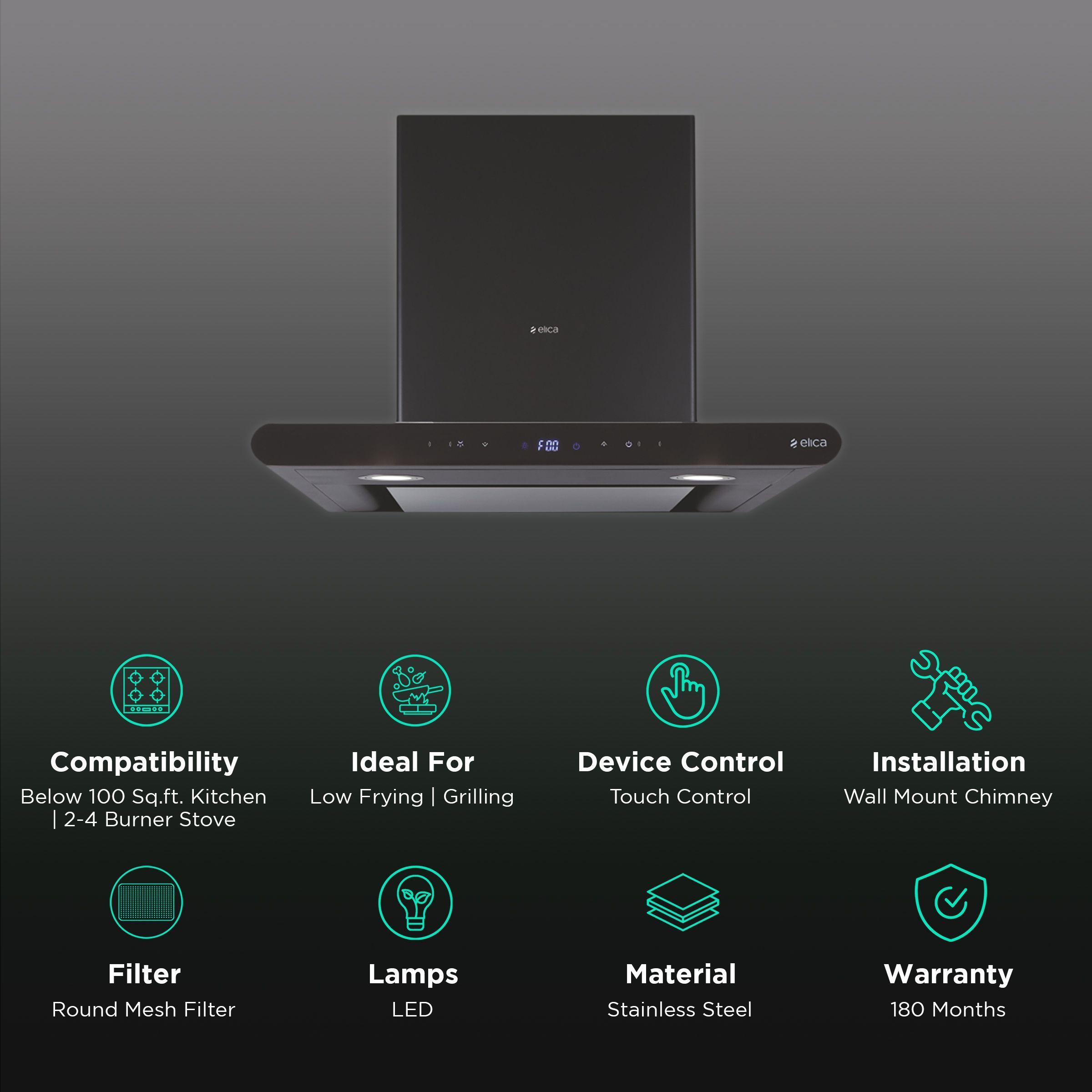 elica ISMART GALAXY EDS LTW 60 NERO 60cm Ducted Wall Mounted Chimney with Motion Sensor (Black)_3