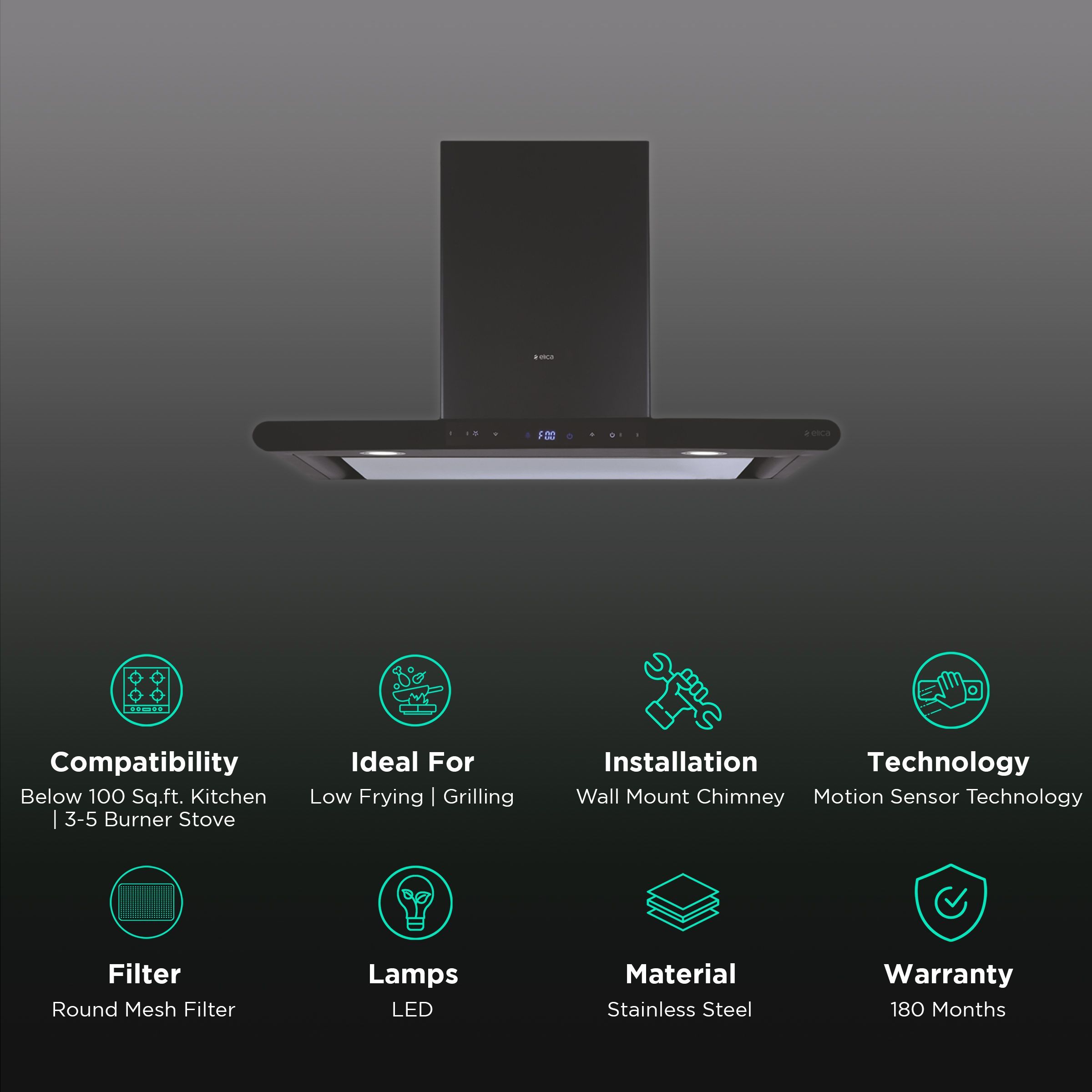 elica ISMART GALAXY EDS LTW 90 NERO 90cm Ductless Wall Mounted Chimney with Motion Sensor (Black)_3