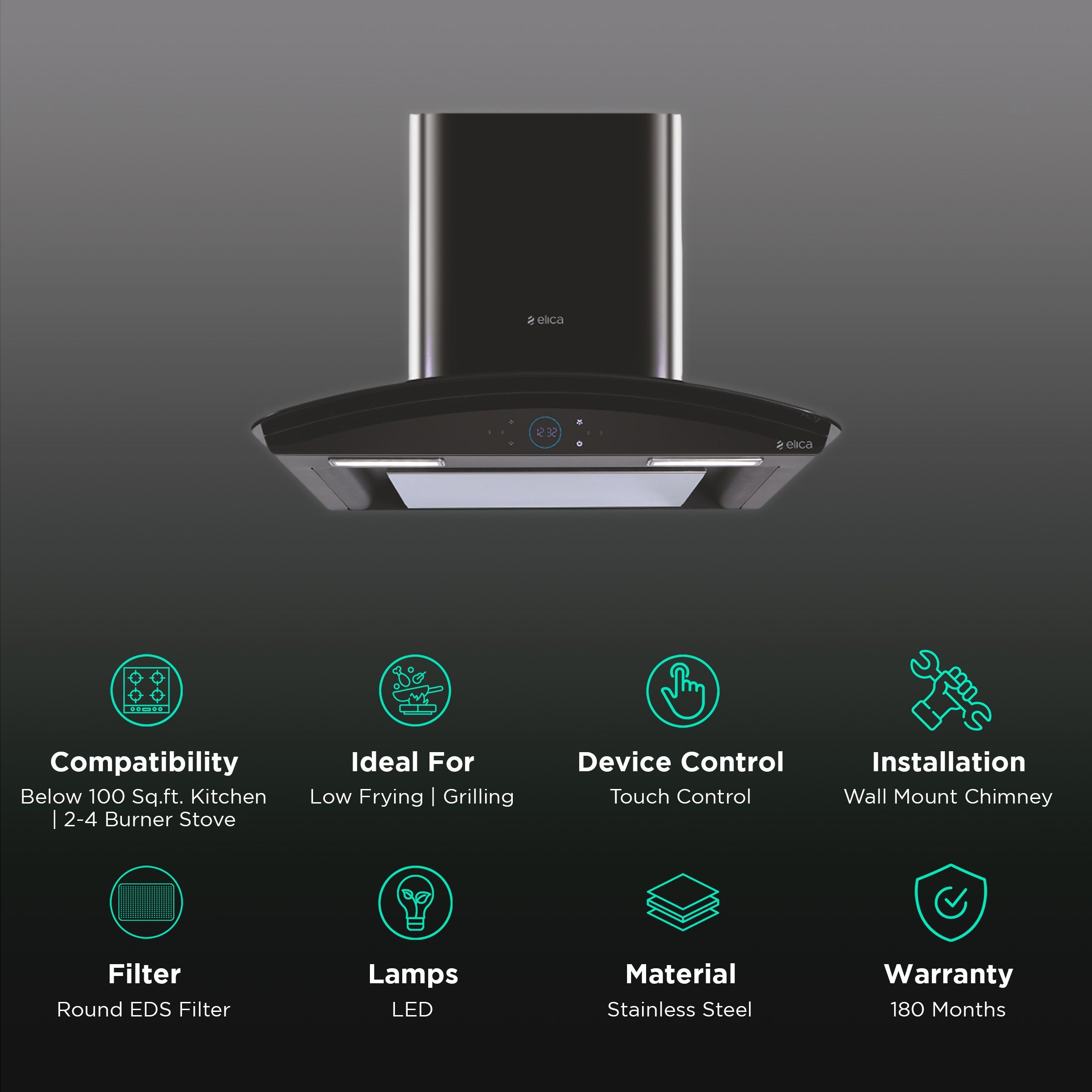 elica ISMART GLACE EDS LTW 60 NERO 60cm Ducted Wall Mounted Chimney with Motion Sensor (Black)_3
