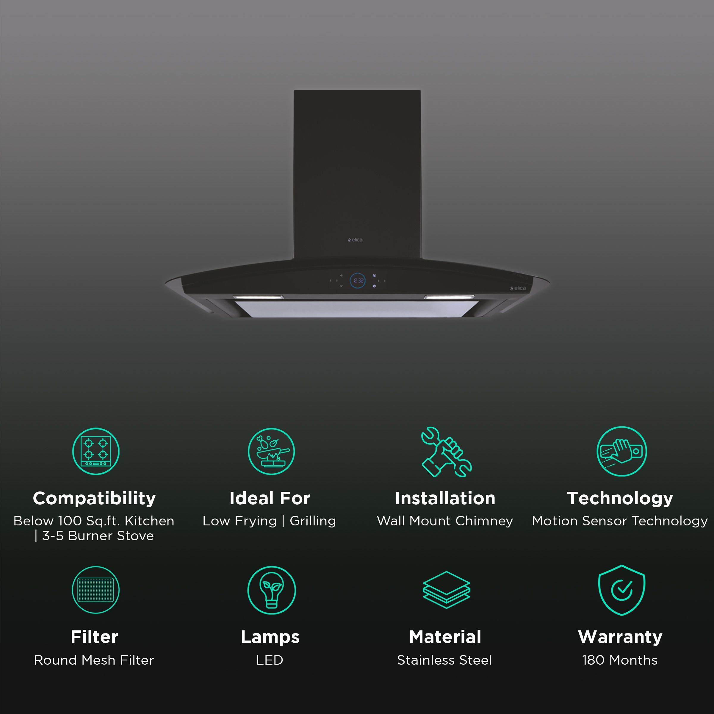 elica ISMART GLACE EDS LTW 90 NERO 90cm Ductless Wall Mounted Chimney with Motion Sensor (Black)_3