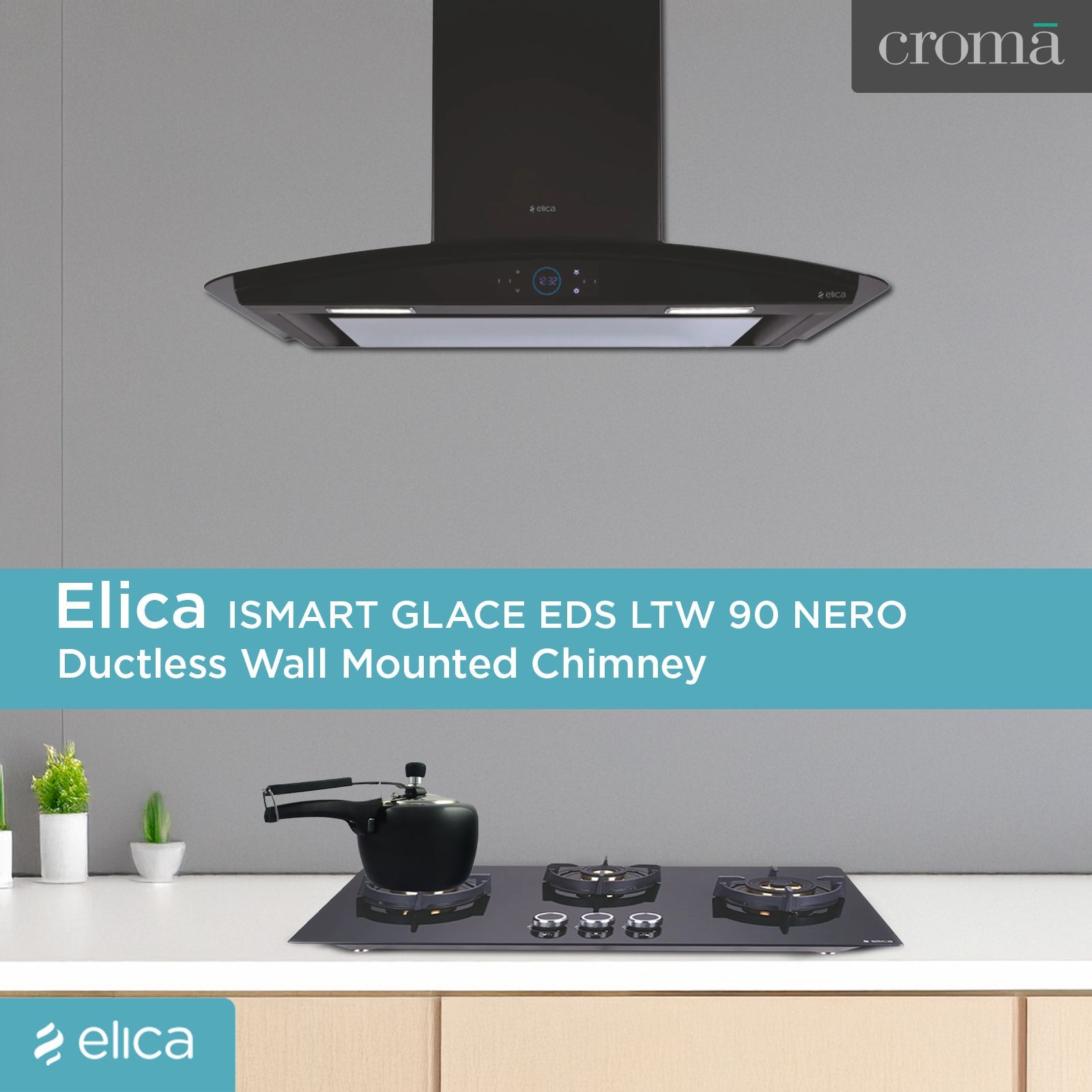 elica ISMART GLACE EDS LTW 90 NERO 90cm Ductless Wall Mounted Chimney with Motion Sensor (Black)_4