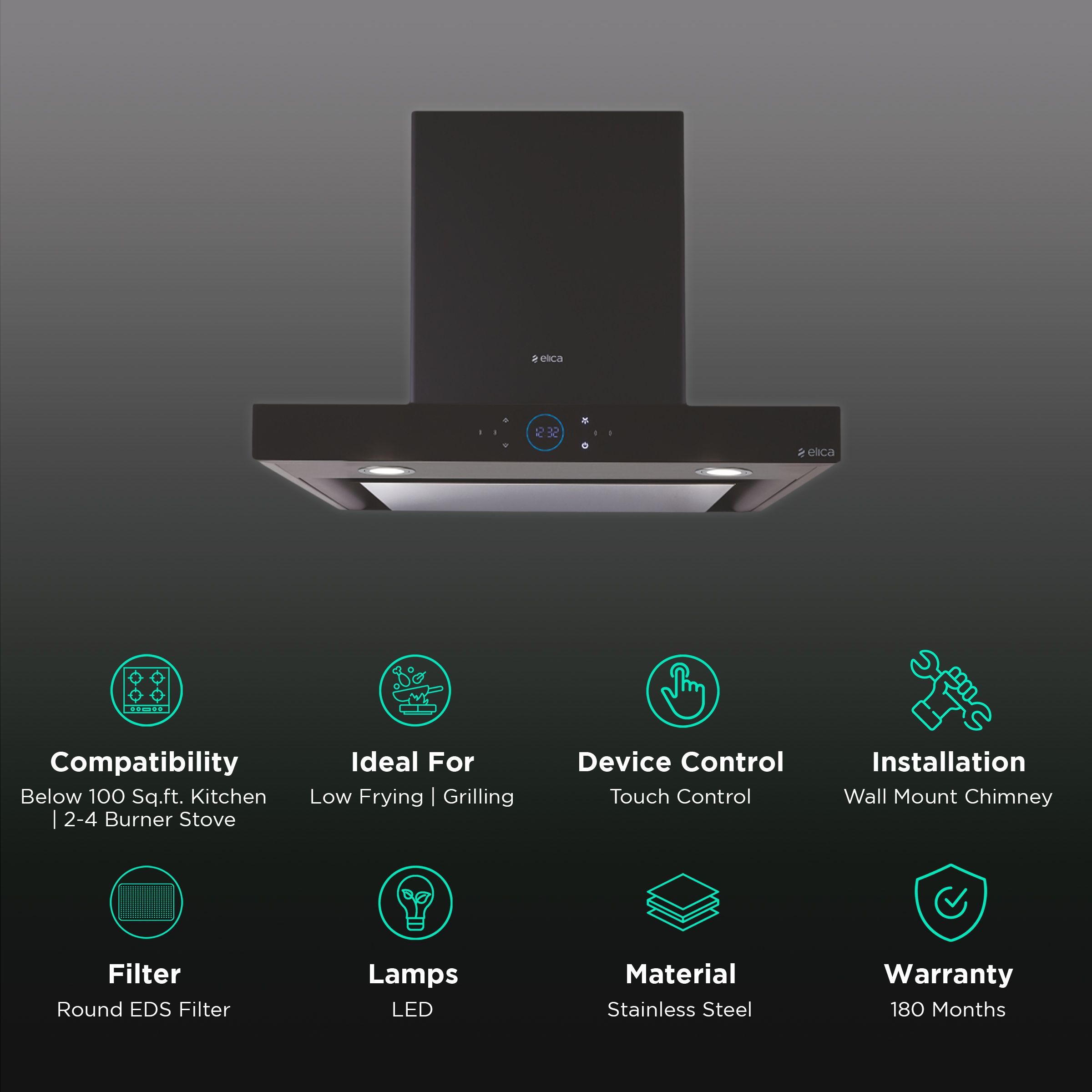 elica ISMART SPOT H6 EDS LTW 60 NERO 60cm Ducted Wall Mounted Chimney with Motion Sensor (Black)_3