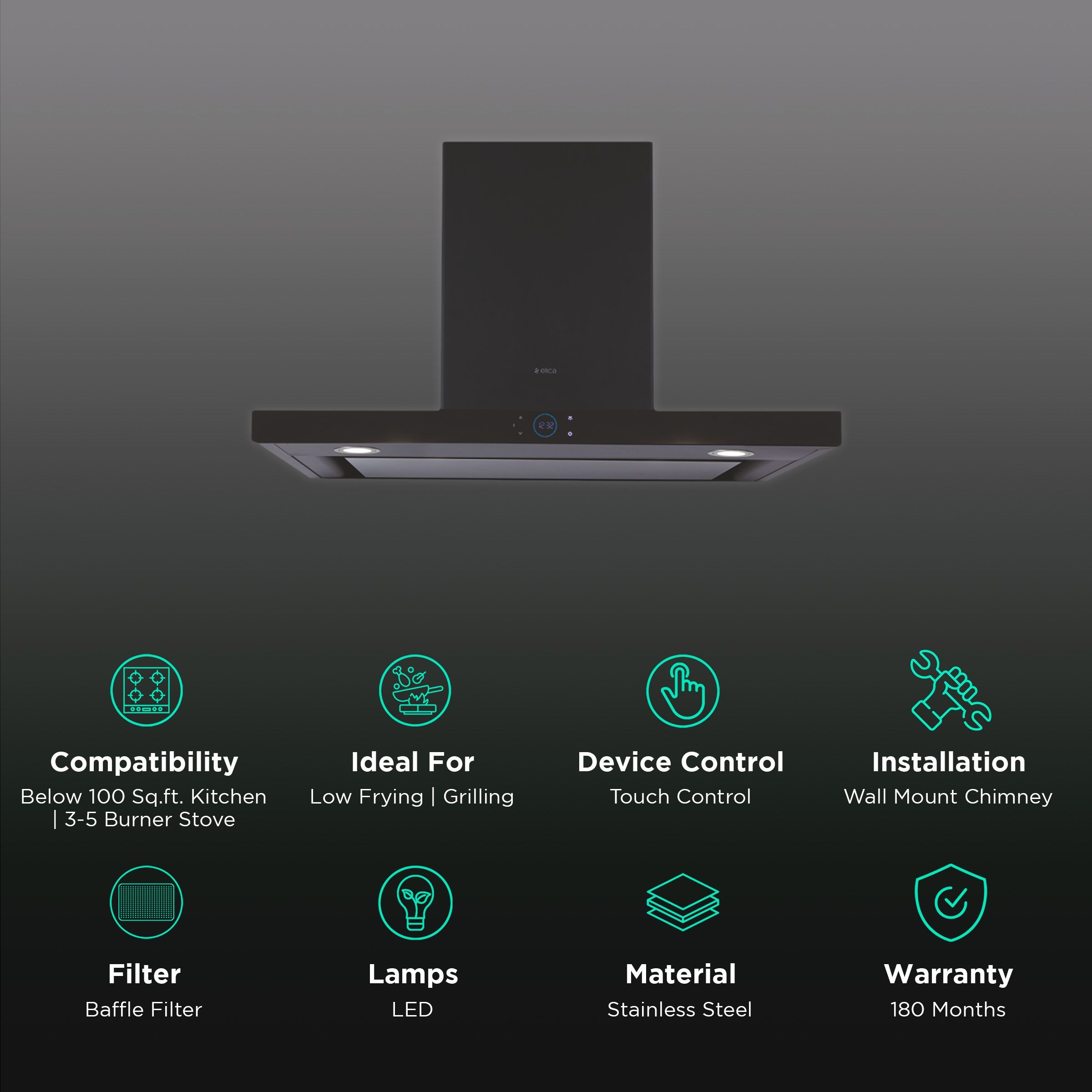 elica ISMART SPOT H6 EDS LTW 90 NERO 90cm Ducted Wall Mounted Chimney with Touch Control Panel (Black)_3