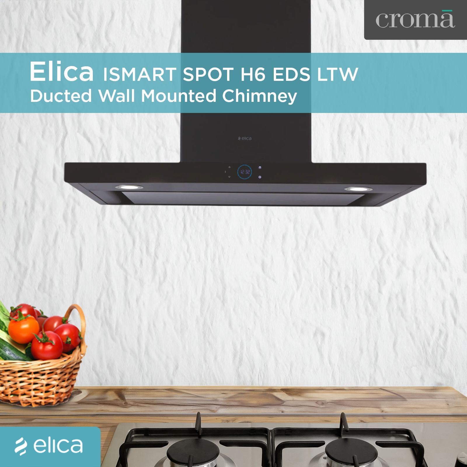 elica ISMART SPOT H6 EDS LTW 90 NERO 90cm Ducted Wall Mounted Chimney with Touch Control Panel (Black)_4