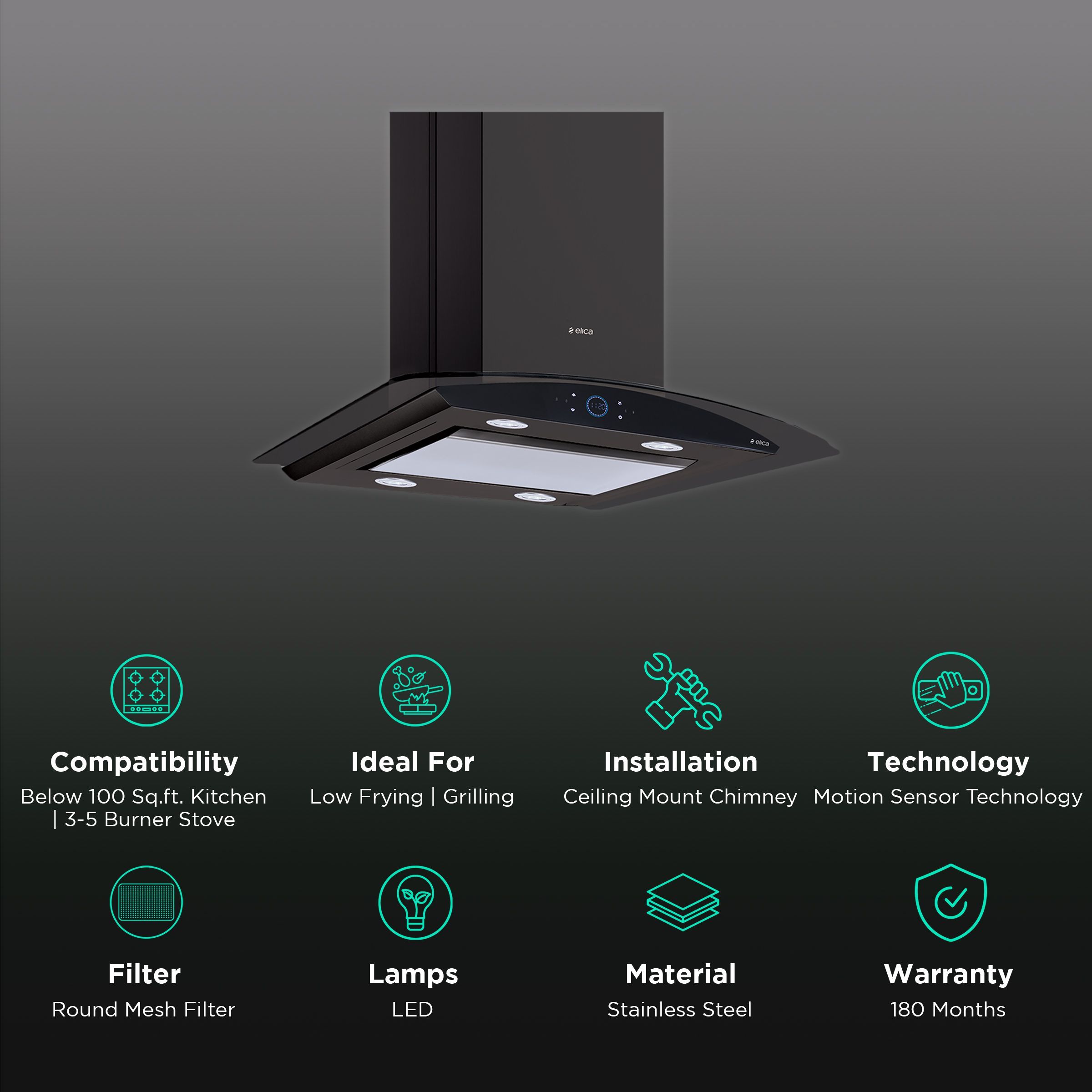 elica ISMART GLACE EDS ISLAND LTW 90 NERO 90cm Ductless Ceiling Mounted Chimney with Motion Sensor (Black)_3