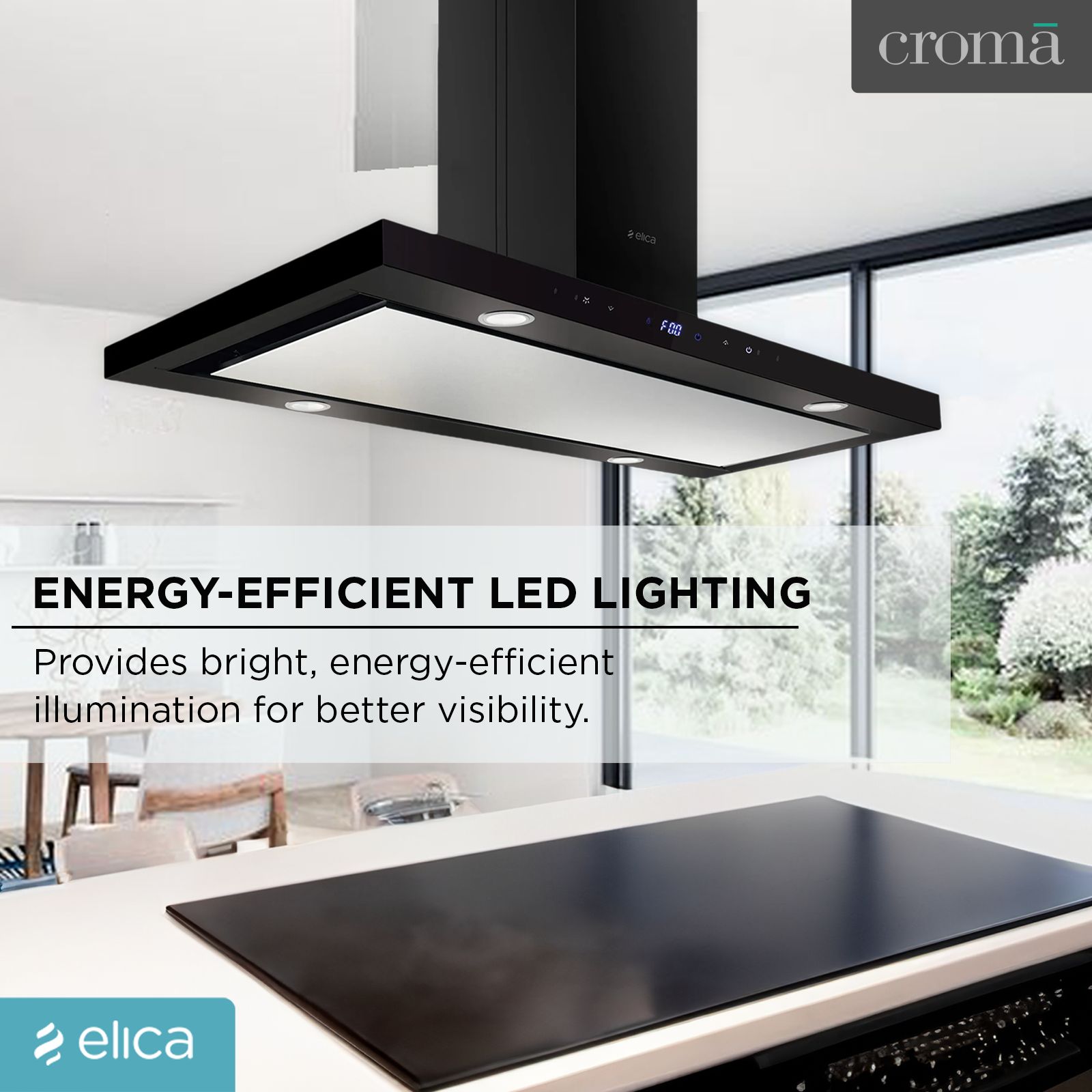 elica ISMART SPOT H4 EDS ISLAND LTW 90 NERO 90cm Ducted Ceiling Mounted Chimney with Touch Control Panel (Black)_6
