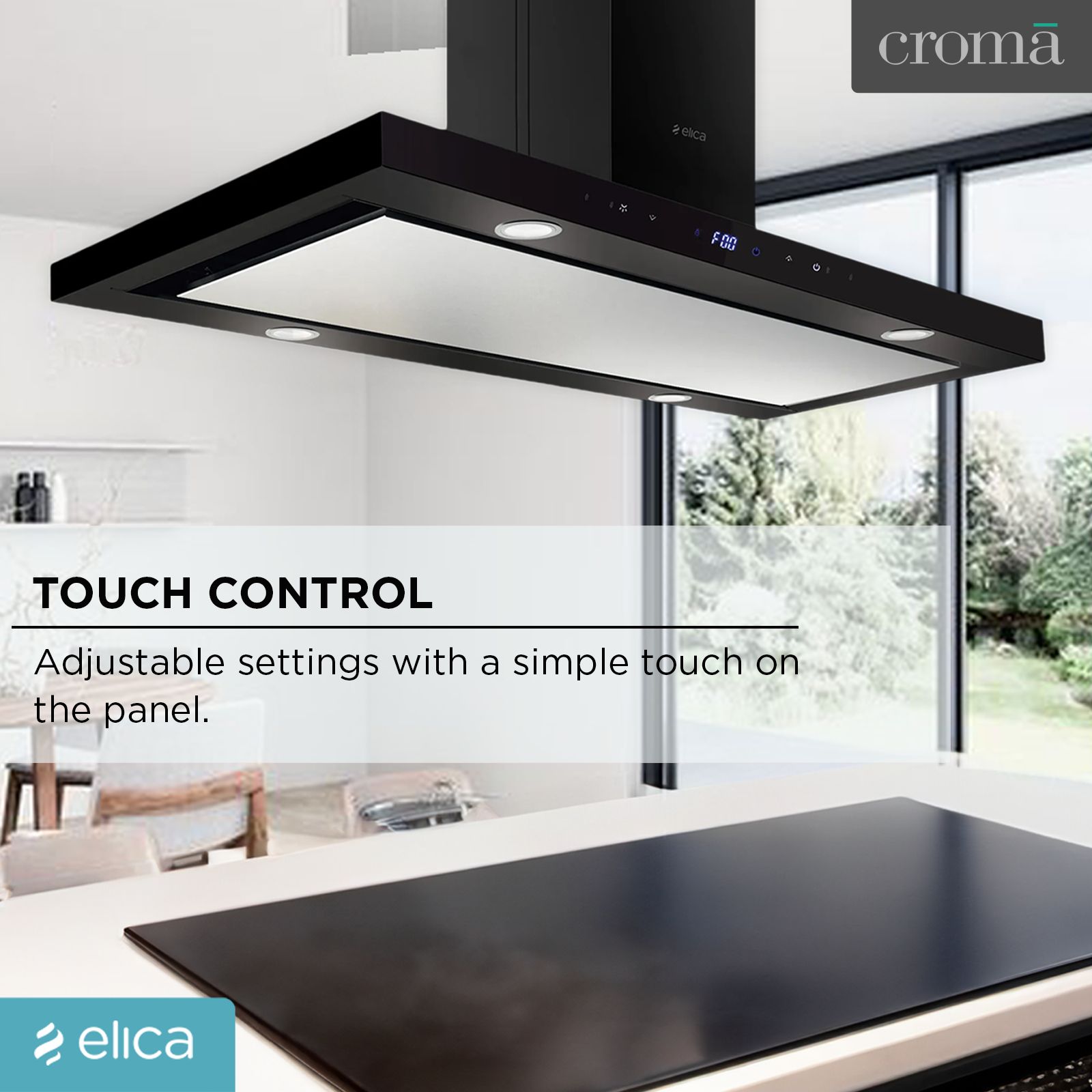 elica ISMART SPOT H4 EDS ISLAND LTW 90 NERO 90cm Ducted Ceiling Mounted Chimney with Touch Control Panel (Black)_7
