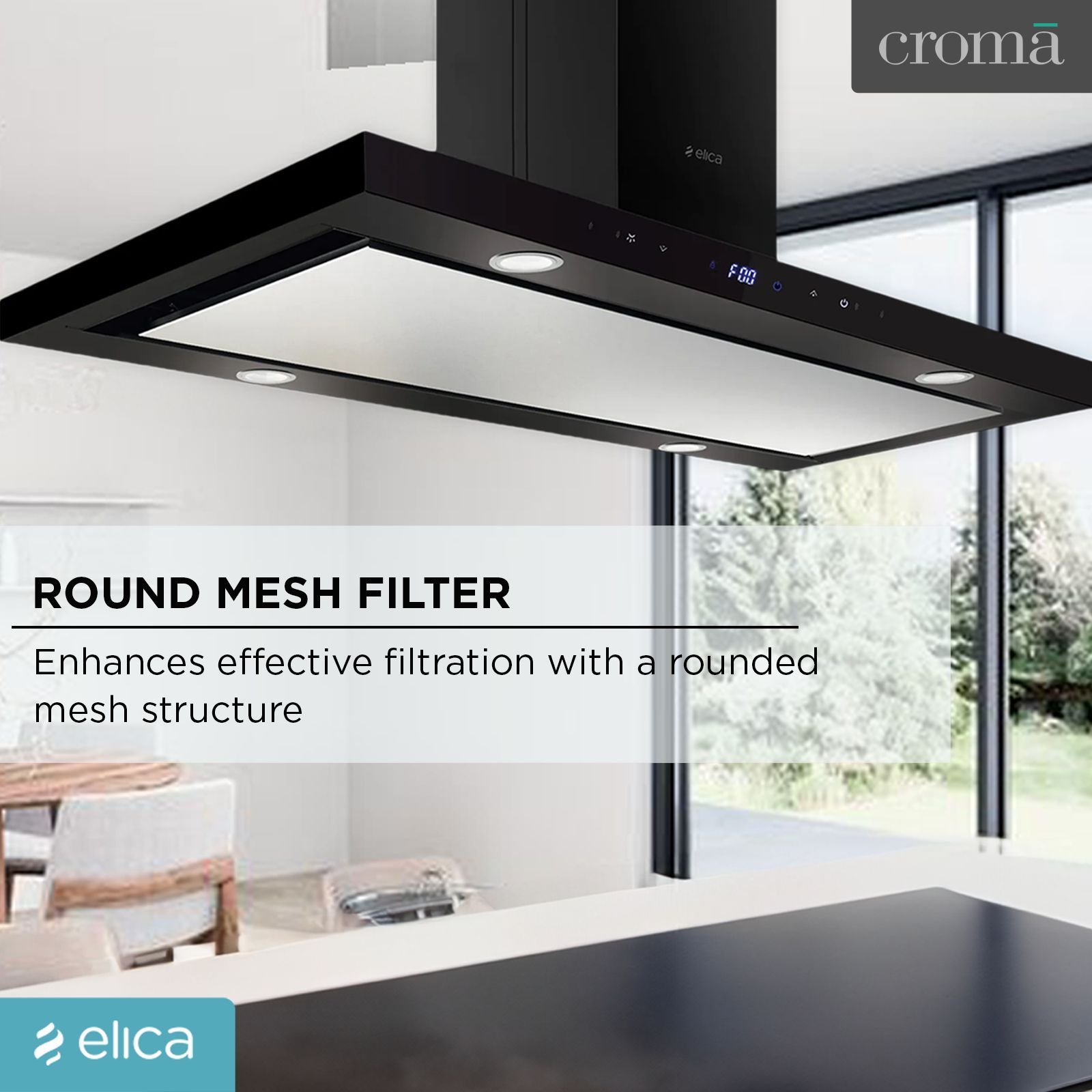 elica ISMART SPOT H4 EDS ISLAND LTW 90 NERO 90cm Ducted Ceiling Mounted Chimney with Touch Control Panel (Black)_9