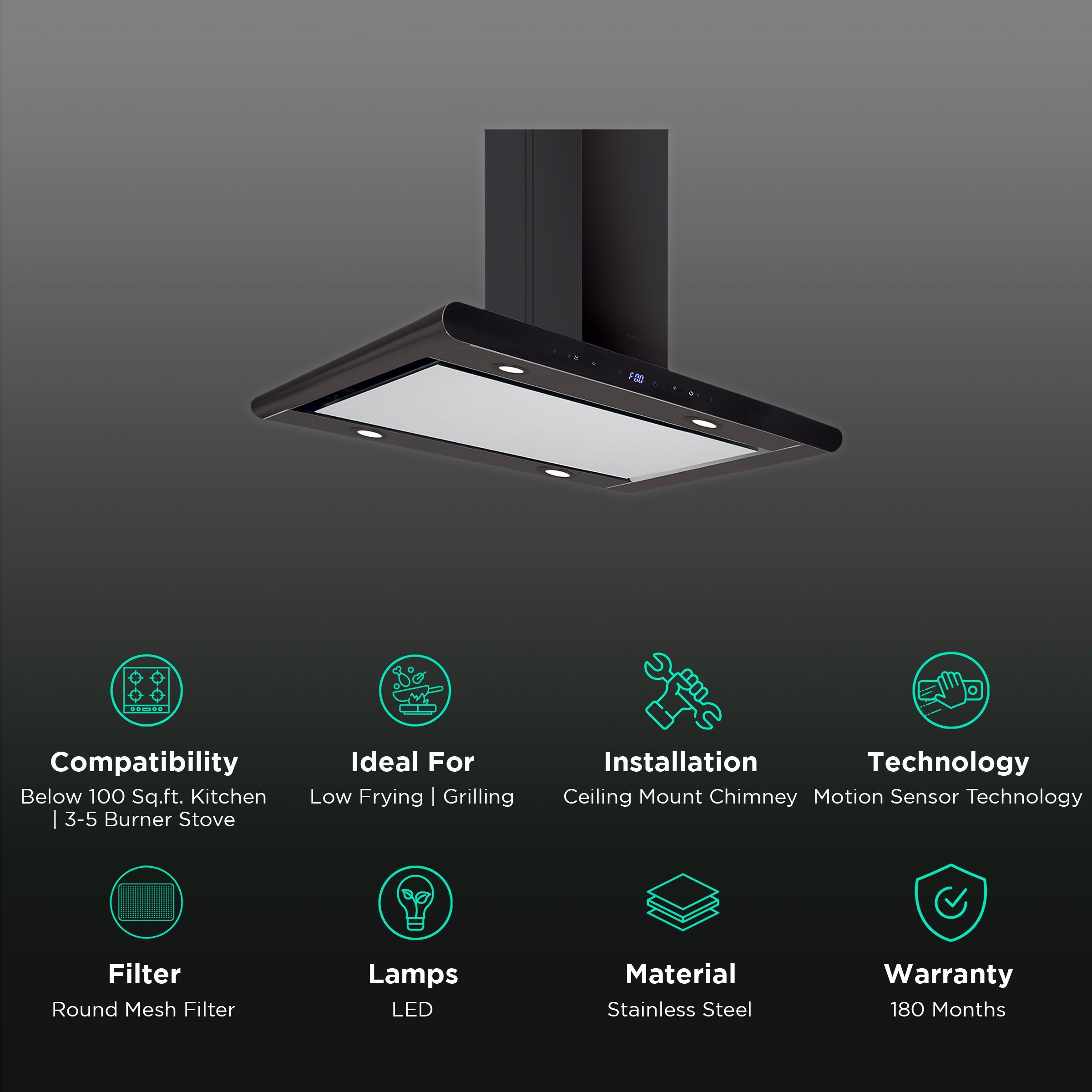 elica ISMART GALAXY EDS ISLAND LTW 90 NERO 90cm Ductless Ceiling Mounted Chimney with Motion Sensor (Black)_3