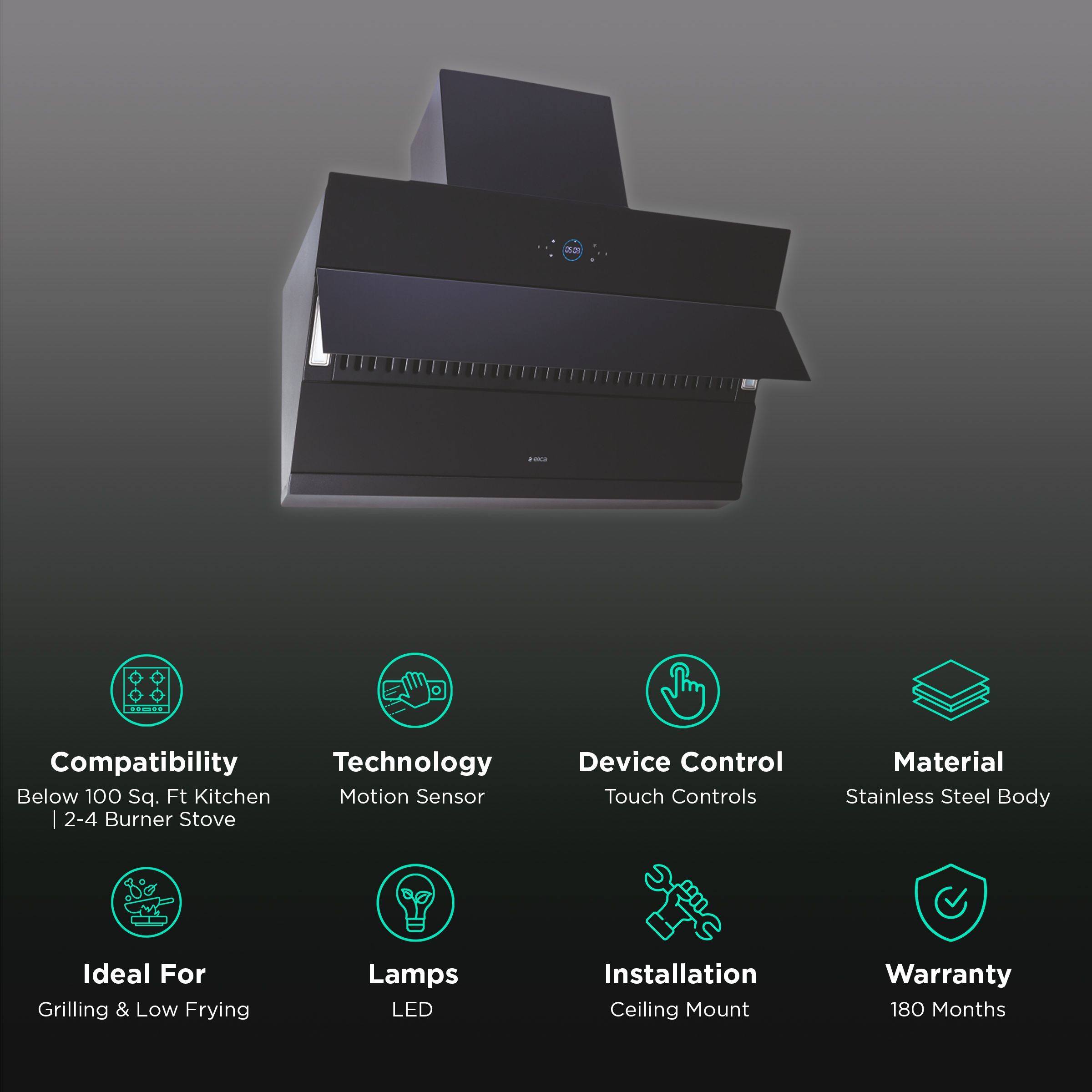 elica ISMART EFL HAC LTW 60 60cm Ductless Auto Clean Ceiling Mounted Chimney with Touch Control Panel (Black)_3
