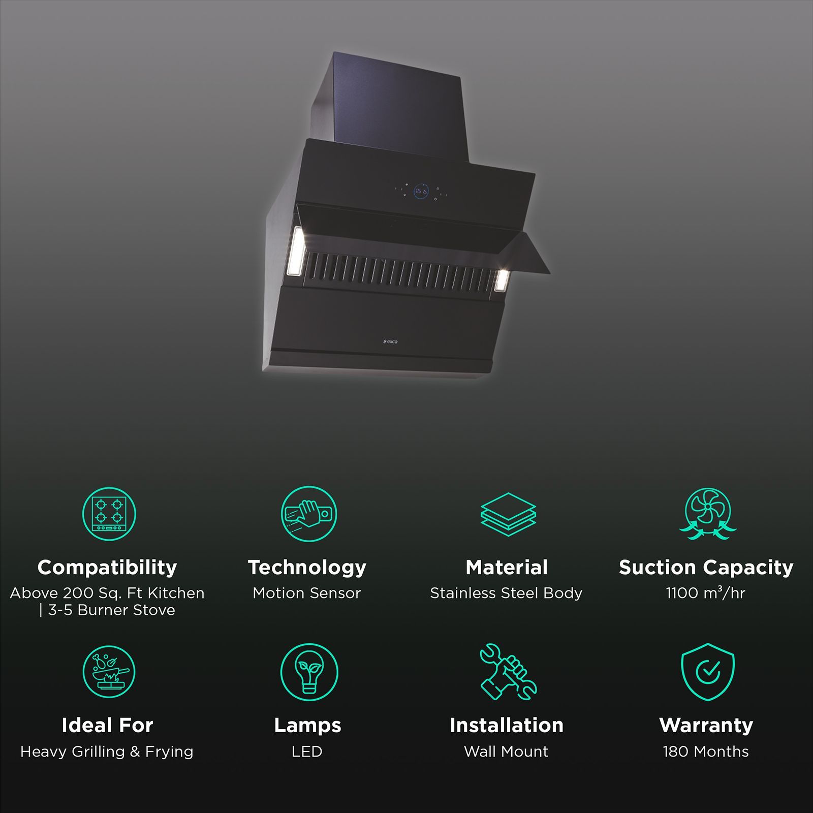 elica ISMART EFL HAC LTW 90 90cm 1100m3/hr Ductless Auto Clean Wall Mounted Chimney with Motion Sensor (Black)_3