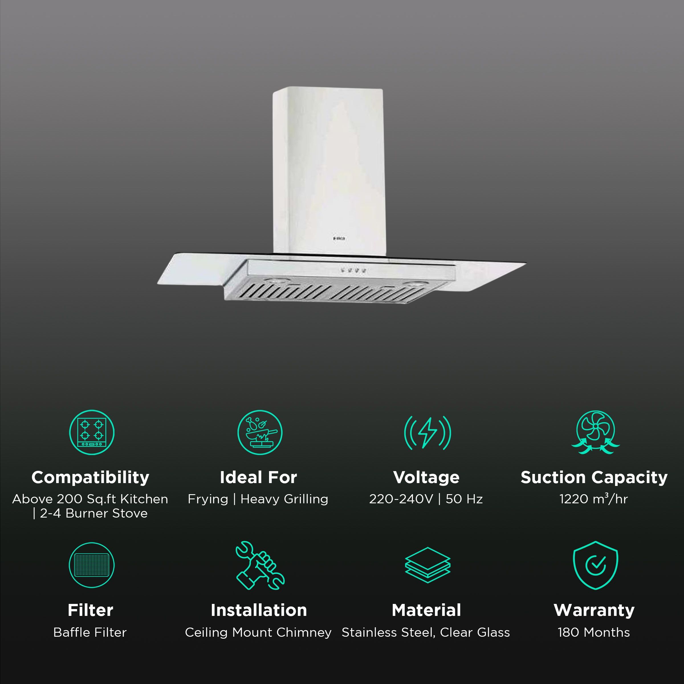 elica FLAT GLASS ISLAND ETB PLUS LTW 60 60cm 1220m3/hr Ducted Ceiling Mounted Chimney (Stainless Steel)_3