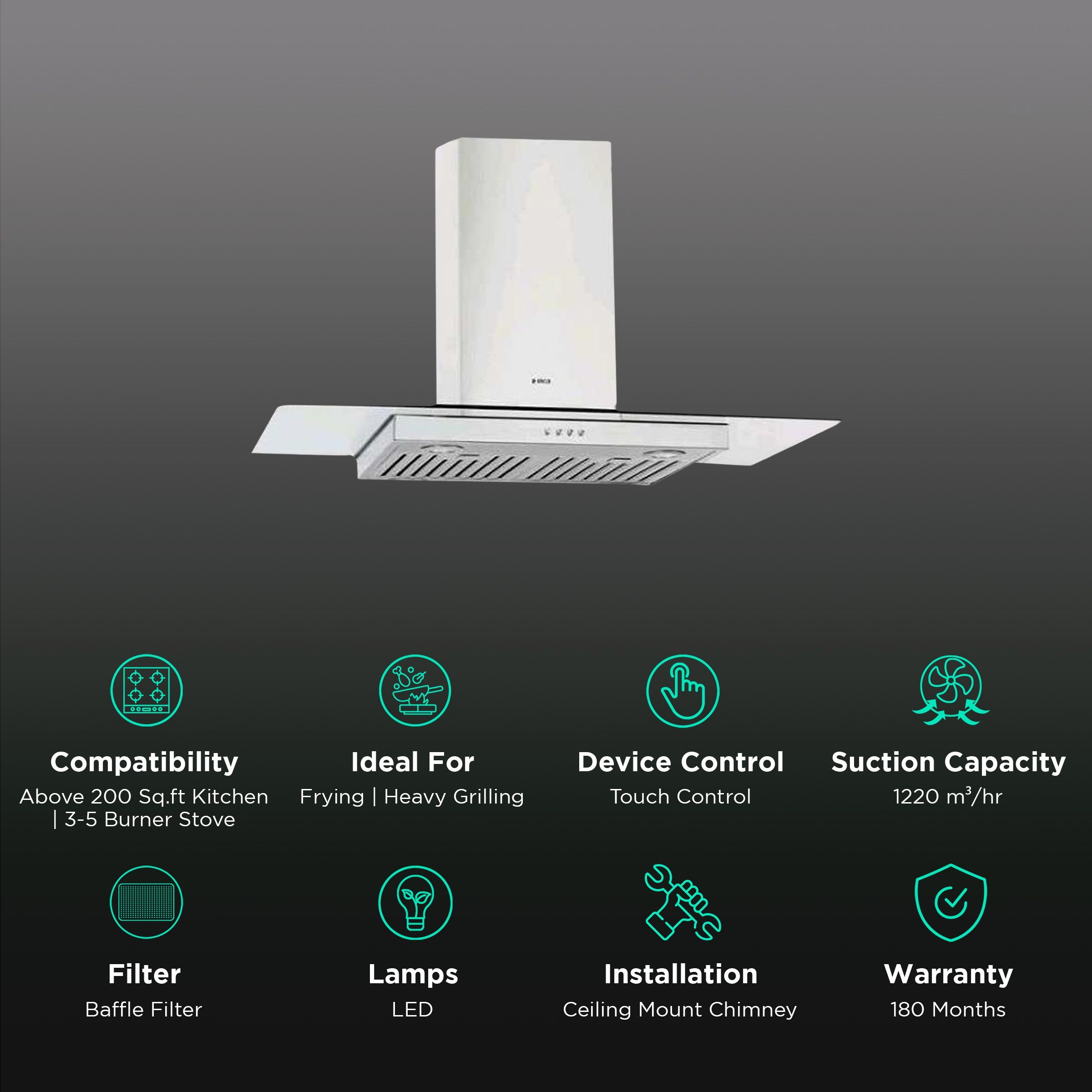 elica FLAT GLASS ISLAND ETB PLUS LTW 90 90cm 1220m3/hr Ducted Ceiling Mounted Chimney with LED Lamp (Black)_3