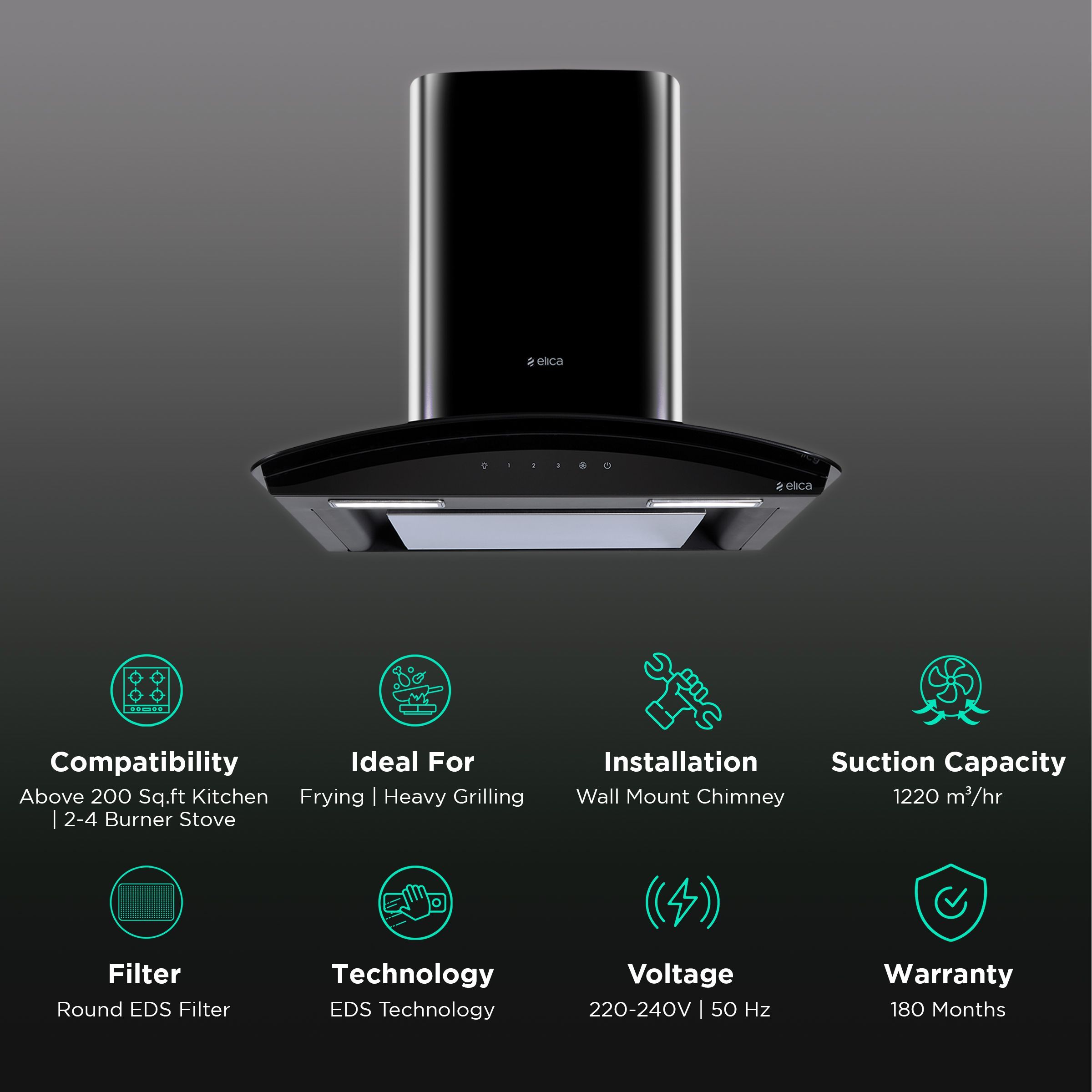 elica GLACE EDS PLUS HE LTW 60 BK T4V LE 60cm 1220m3/hr Ducted Wall Mounted Chimney with EDS Technology (Black)_3