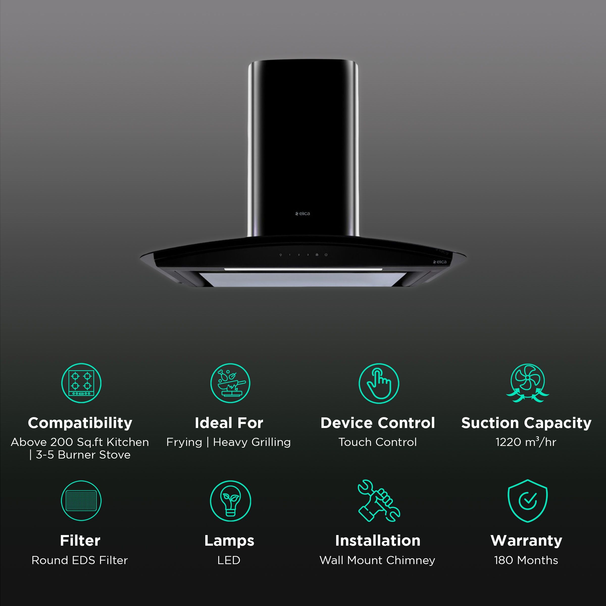 elica GLACE EDS PLUS HE LTW 90 BK T4V LED 90cm 1220m3/hr Ducted Wall Mounted Chimney with Touch Control Panel (Black)_3