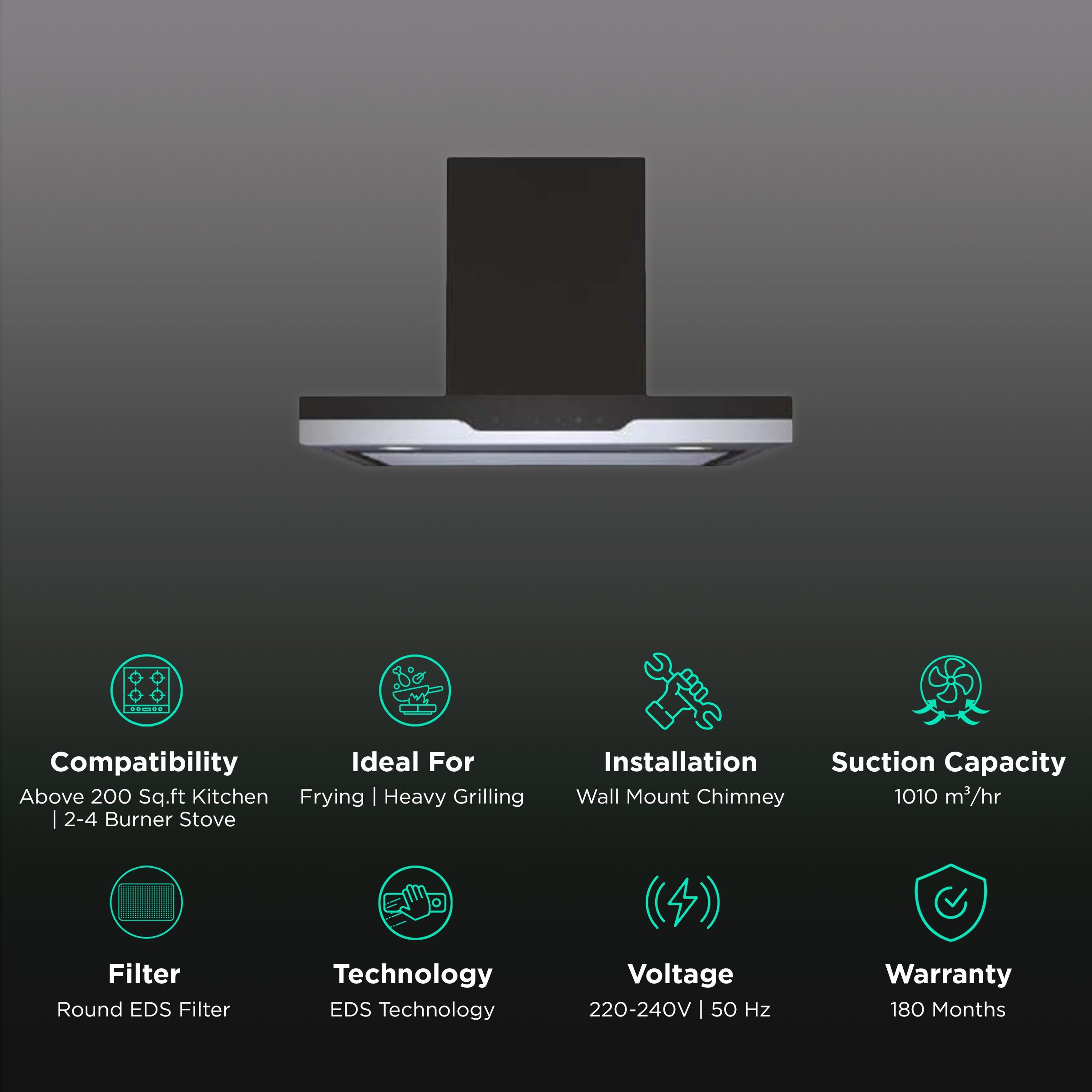 elica METEORITE EDS HE LTW 60 NERO T4V L 60cm 1010m3/hr Ducted Wall Mounted Chimney with EDS Technology (Black)_3