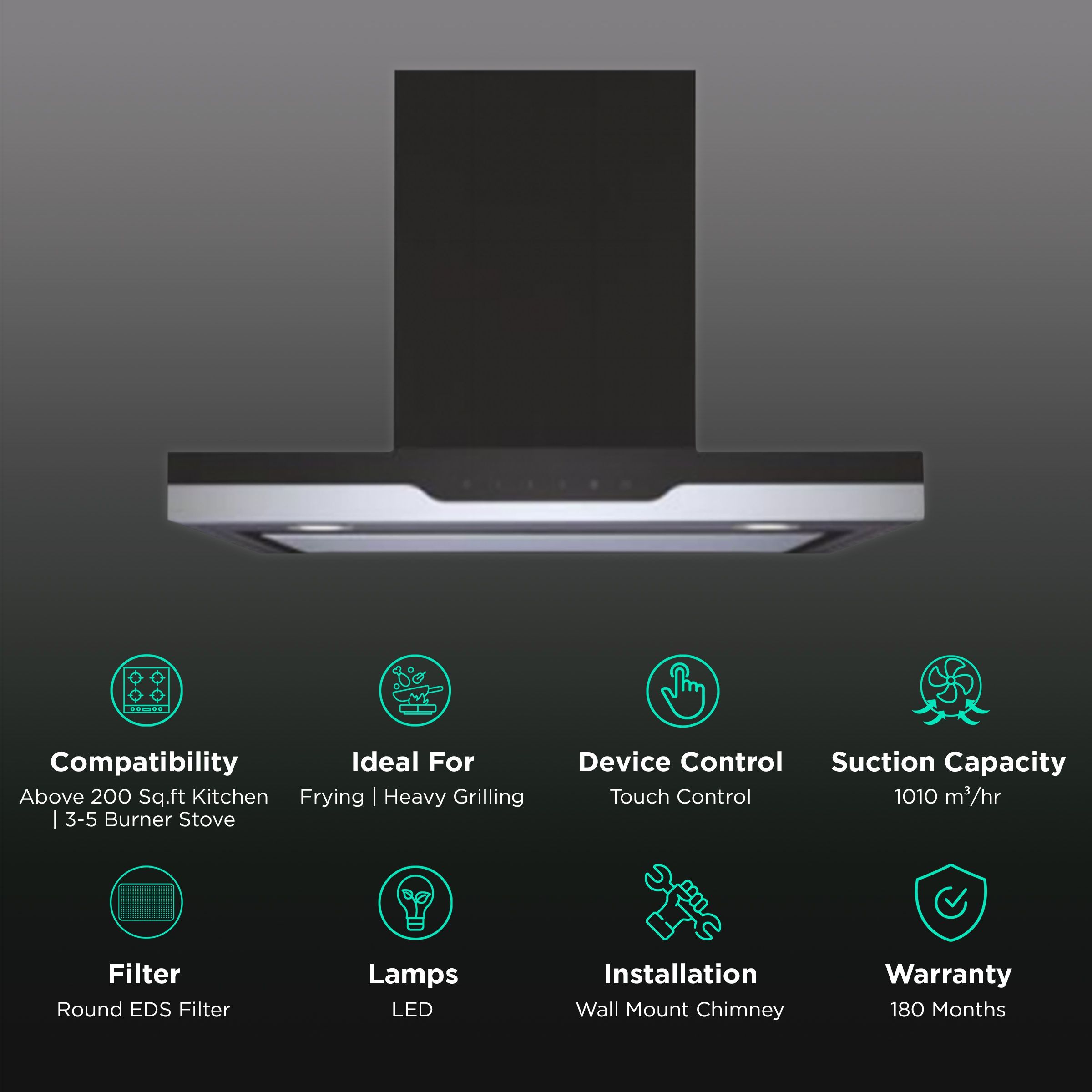 elica METEORITE EDS HE LTW 90 NERO T4V L 90cm 1010m3/hr Ducted Wall Mounted Chimney with Touch Control Panel (Black & Grey)_3