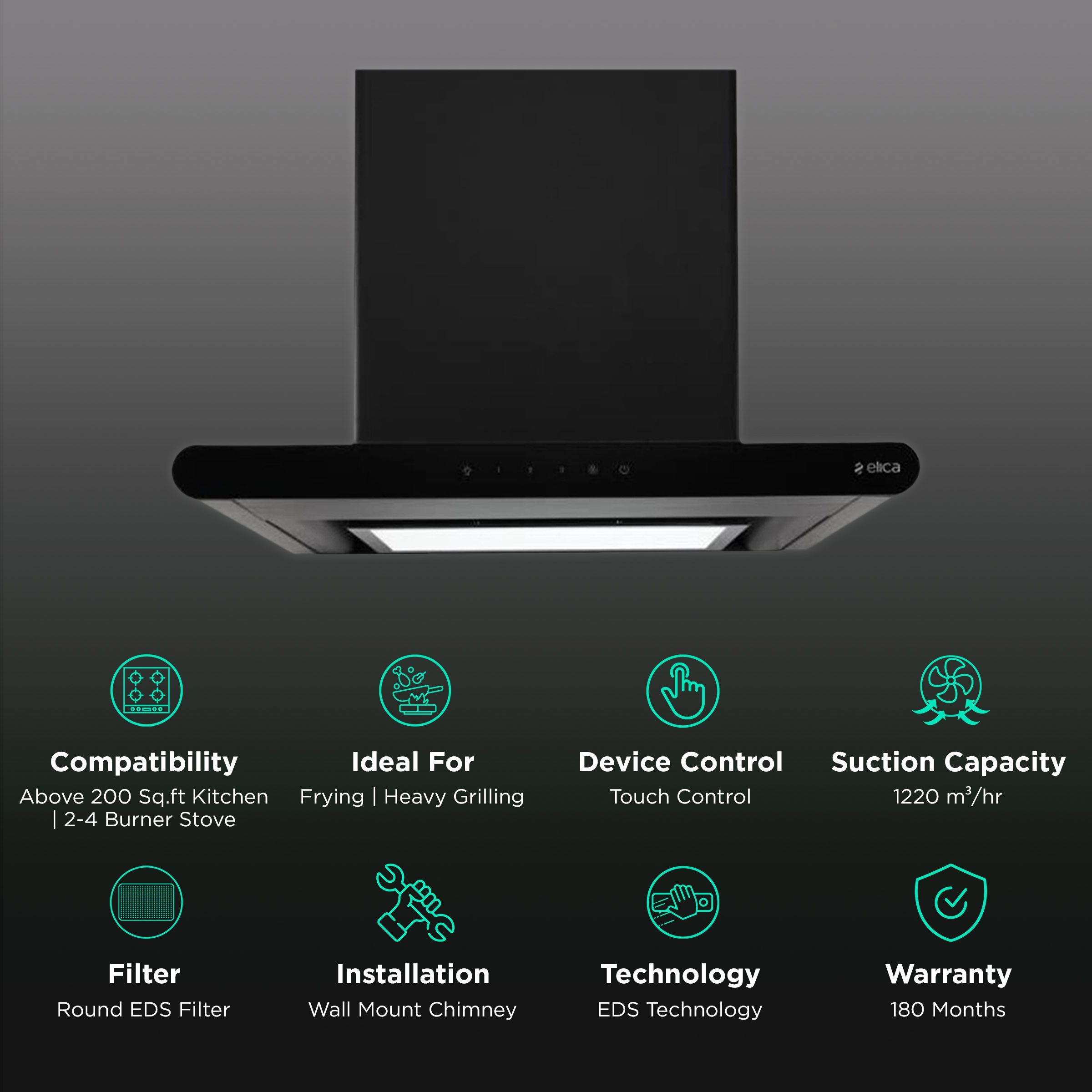 elica GALAXY EDS PLUS HE LTW 60 NERO T4V 60cm 1220m3/hr Ducted Wall Mounted Chimney with EDS Technology (Black) elica GALAXY EDS PLUS HE LTW 60 NERO T4V 60cm 1220m3/hr Ducted Wall Mounted Chimney with EDS Technology (Black)_3