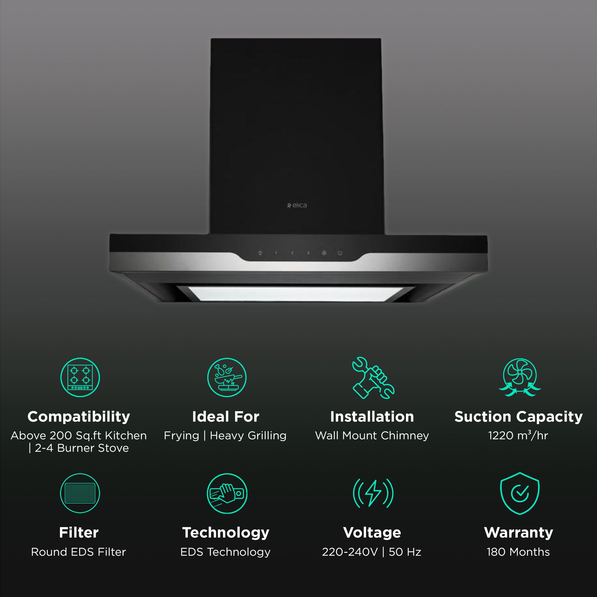 elica METEORITE EDS PLUS HE LTW 60 NERO 60cm 1220m3/hr Ducted Wall Mounted Chimney with EDS Technology (Black)_3