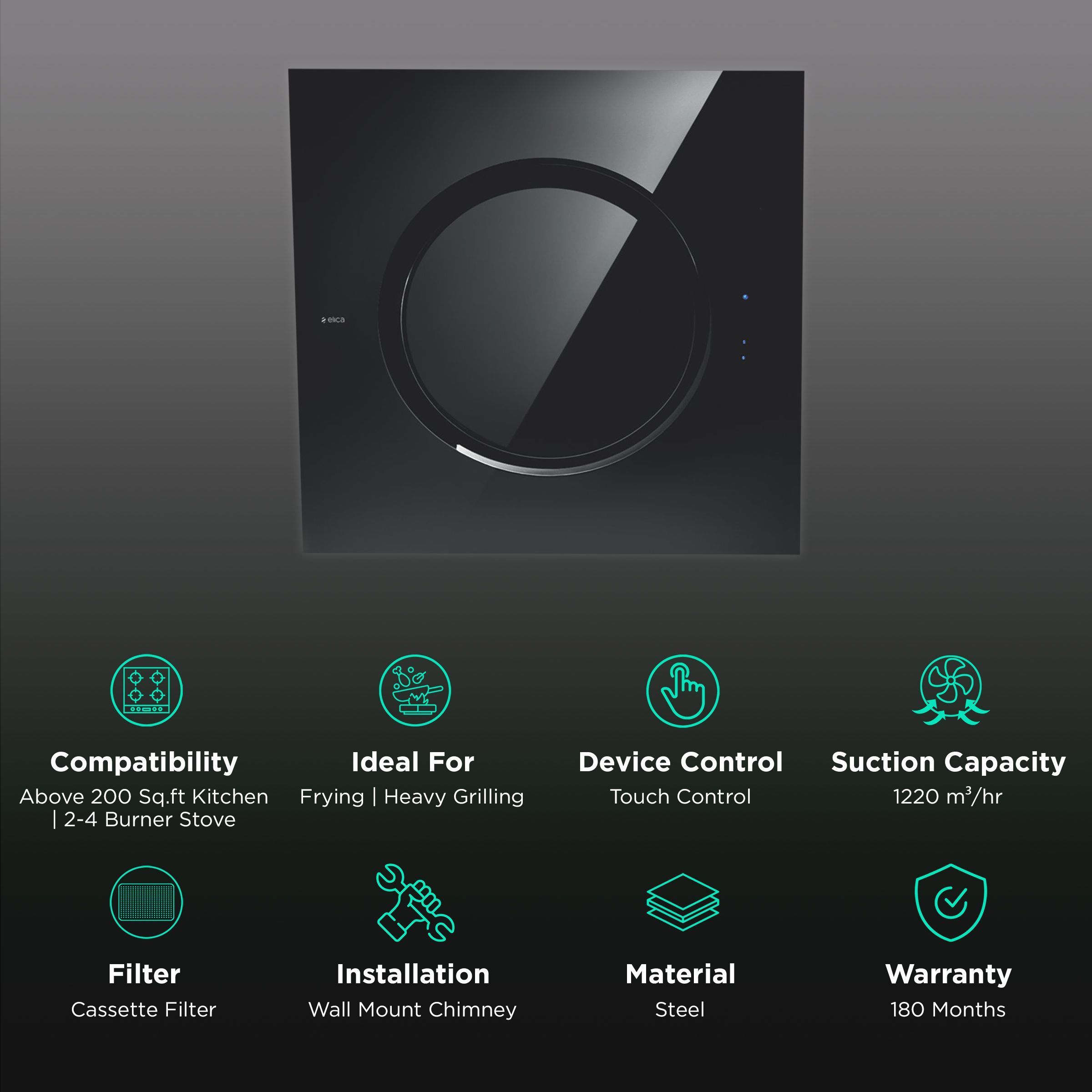 elica OM ETB HE LTW 60 BK TOUCH LED 60cm 1220m3/hr Ducted Wall Mounted Chimney with Touch Control Panel (Black)_3