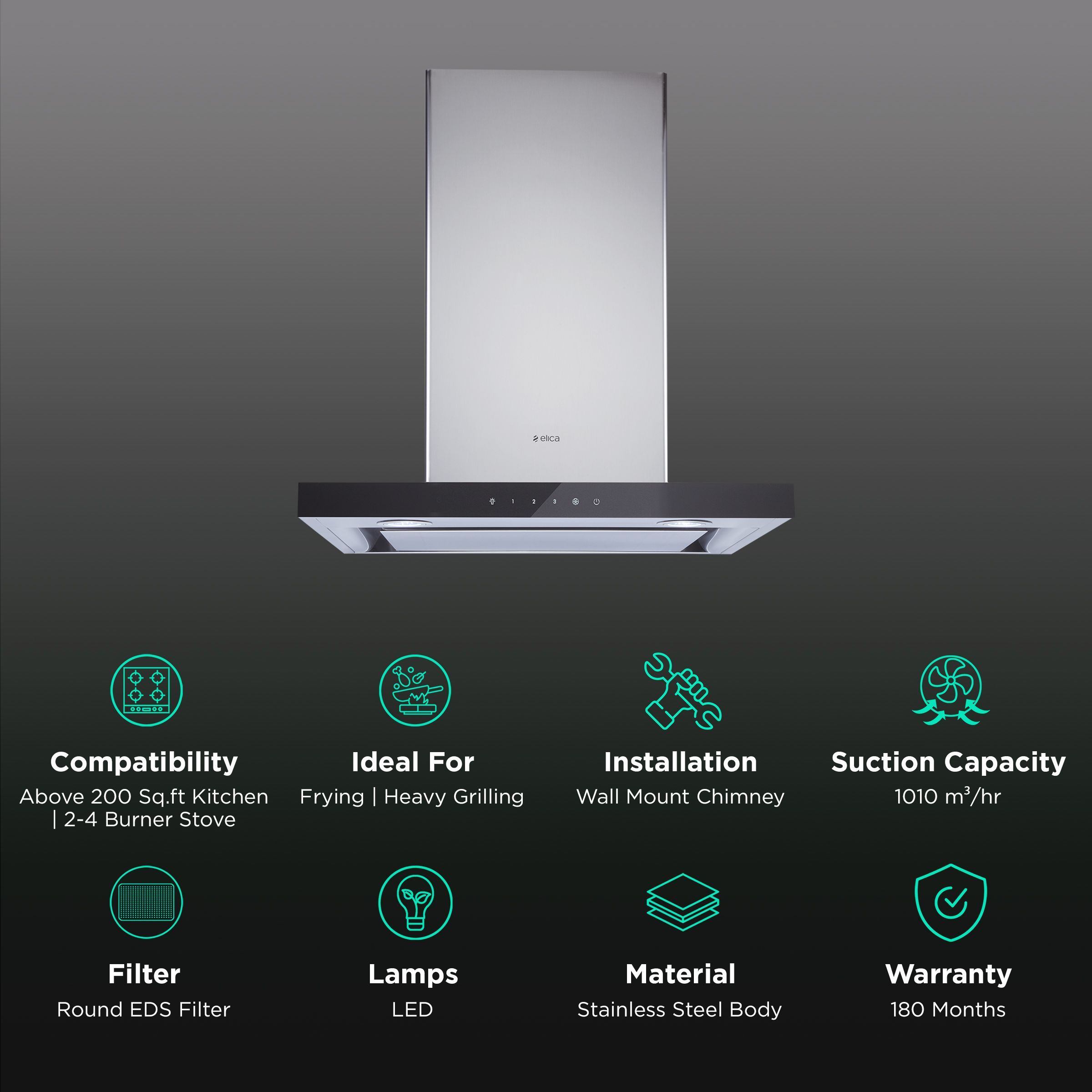 elica SPOT H4 EDS HE LTW 60 T4V LED 60cm 1010m3/hr Ducted Wall Mounted Chimney with Deep Silence Technology (Black)_3