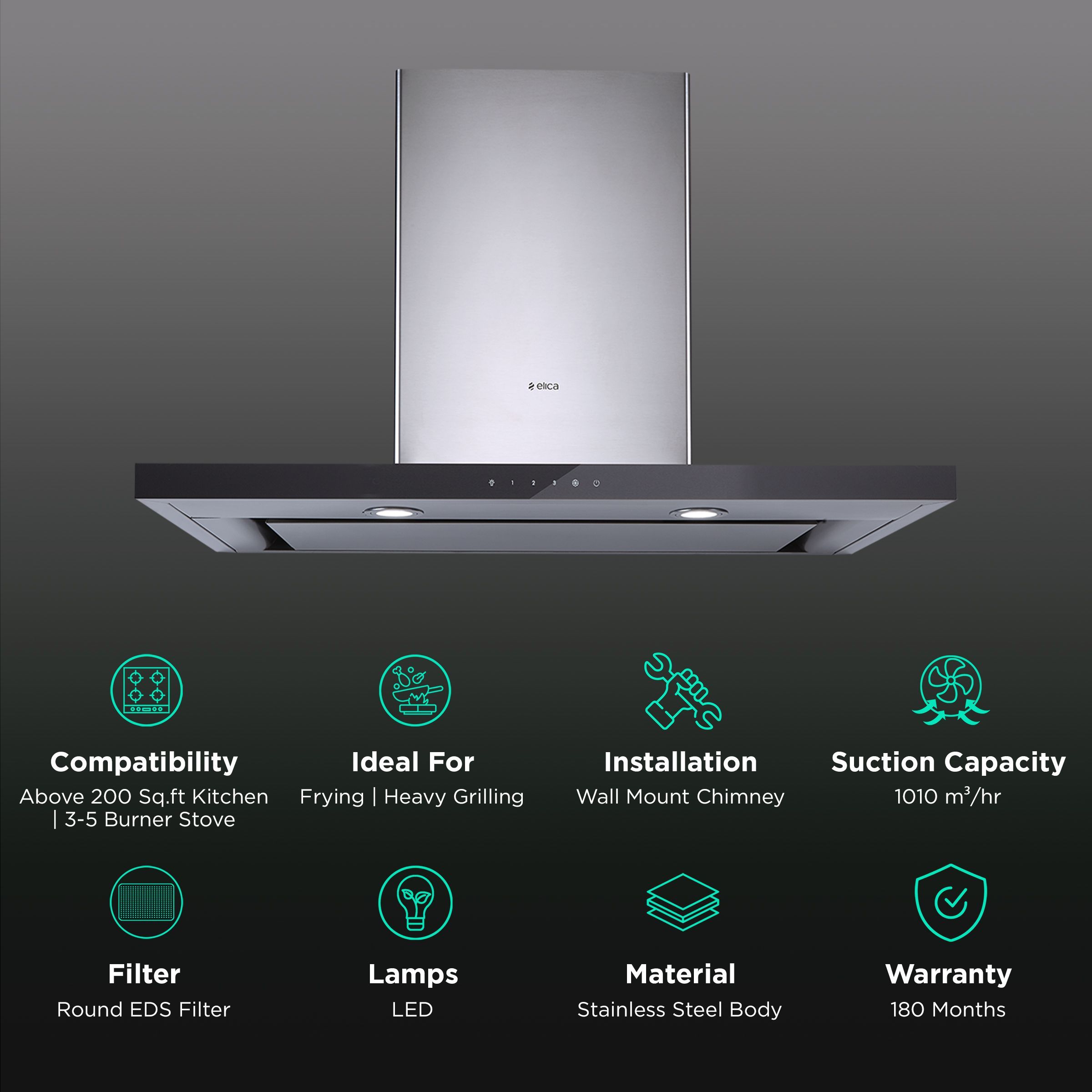 elica SPOT H4 EDS HE LTW 90 T4V LED 90cm 1010m3/hr Ducted Wall Mounted Chimney with Deep Silence Technology (Black) elica SPOT H4 EDS HE LTW 90 T4V LED 90cm 1010m3/hr Ducted Wall Mounted Chimney with Deep Silence Technology (Black)_3