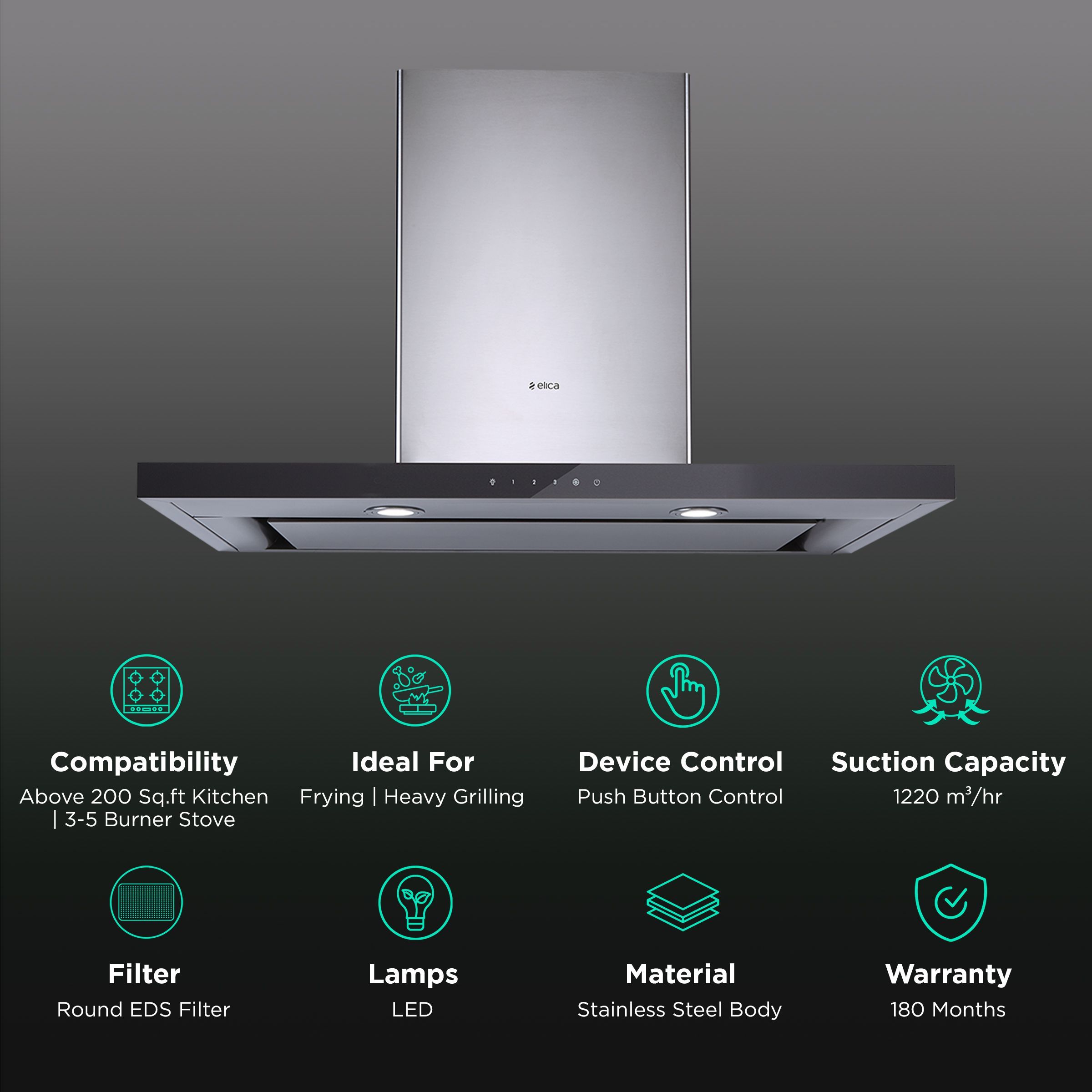 elica SPOT H4 EDS PLUS HE LTW 90 T4V LED 90cm 1220m3/hr Ducted Wall Mounted Chimney with Push Button Control (Black)_3