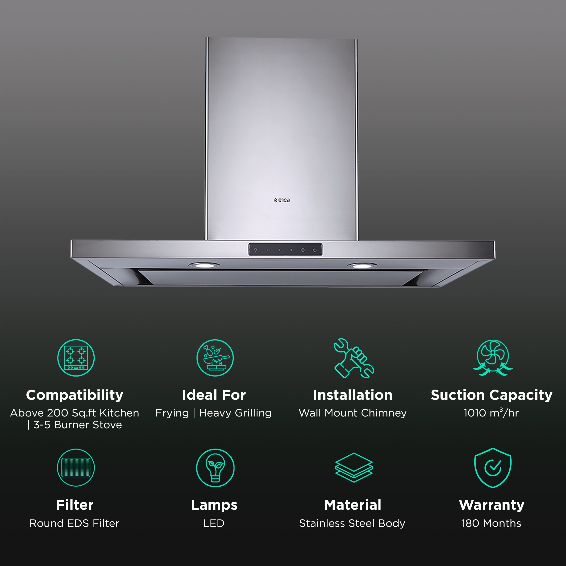 elica SPOT H4 TRIM EDS HE LTW 90 T4V LED 90cm 1010m3/hr Ducted Wall Mounted Chimney with Deep Silence Technology (Black)_3