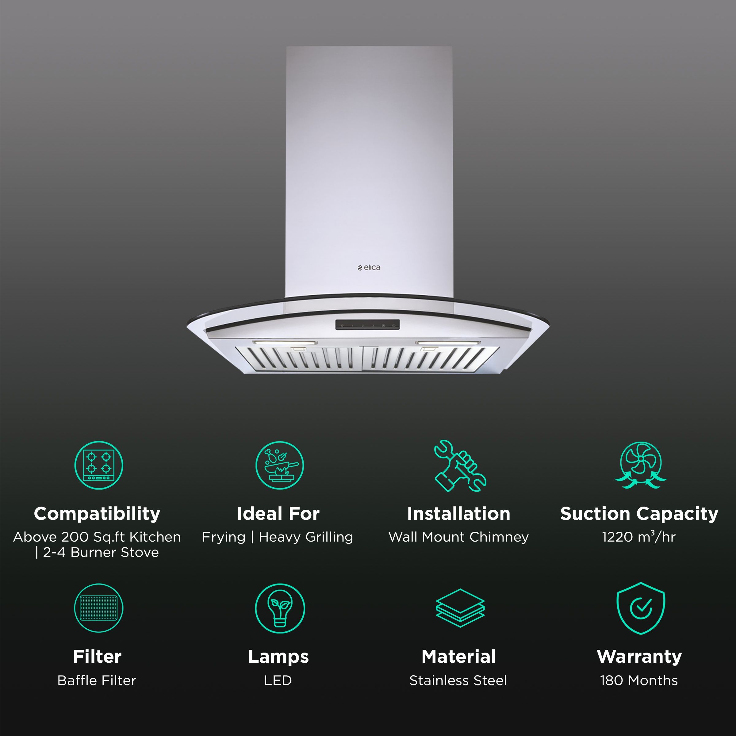elica GLACE TF TRIM ETB PLUS LTW 60 T4V 60cm 1220m3/hr Ducted Wall Mounted Chimney with LED Lamp (Black) elica GLACE TF TRIM ETB PLUS LTW 60 T4V 60cm 1220m3/hr Ducted Wall Mounted Chimney with LED Lamp (Black)_3
