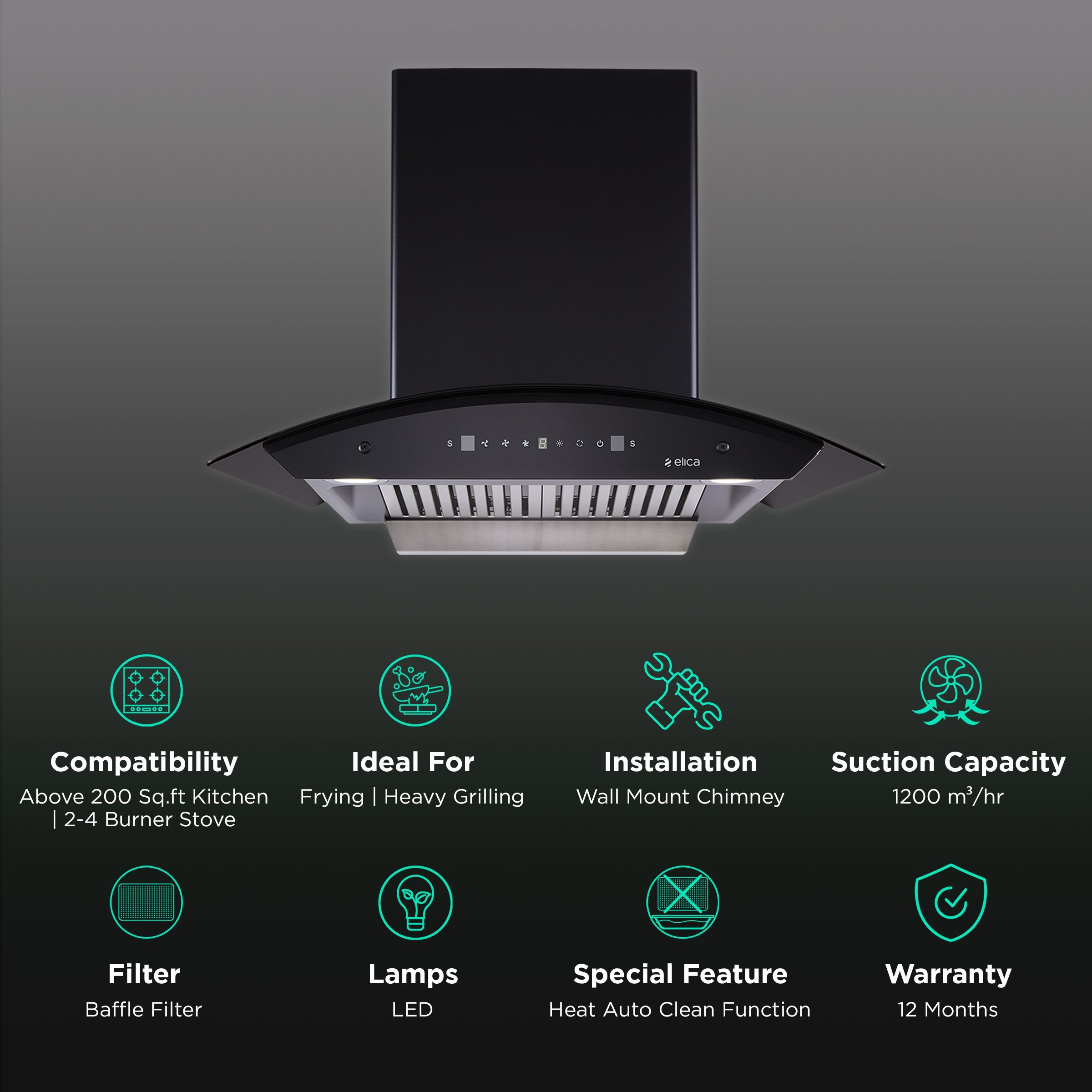 elica TBC HAC TOUCH BF 75 MS NERO 75cm 1200m3/hr Ducted Auto Clean Wall Mounted Chimney with Ergonomic Black (Matt Black)_3